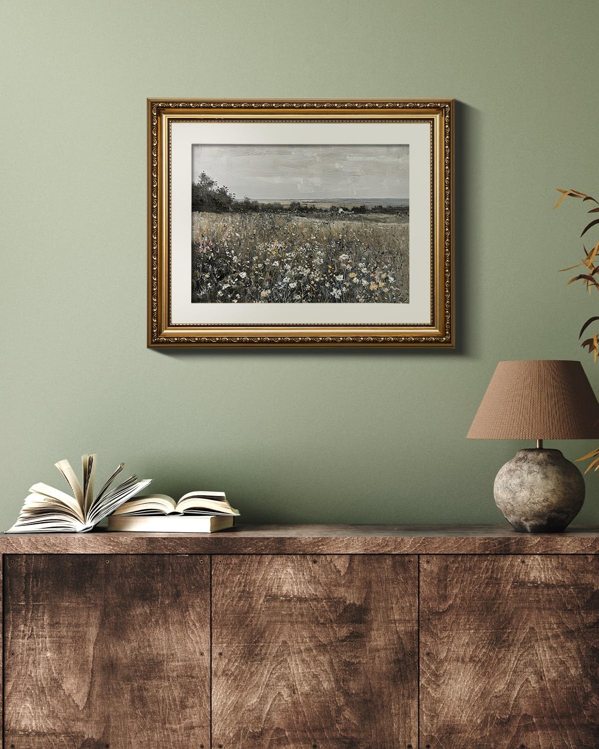 VIYYIEA Gold Framed Wall Art Canvas Print Home Decor Wild Flower Landscape Room Decor Aesthetic Vintage Meadow Floral Wall Pictures Farmhouse Decoration Cottagecore Prints Bathroom Office 13x16in