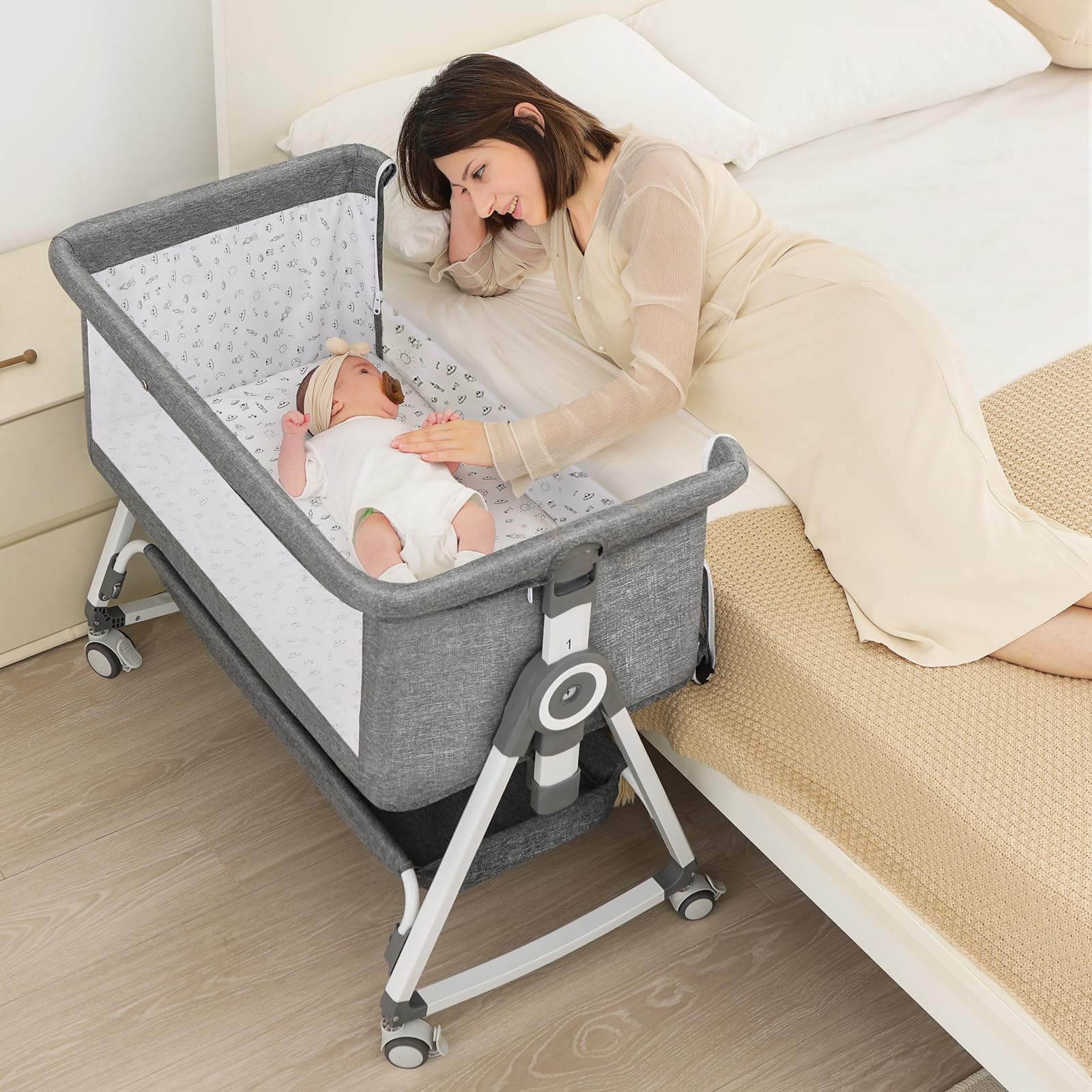 OHFLY Baby Bassinet, Bedside Bassinet for Baby, 4 in 1 Bassinet Bedside Sleeper with Locked Wheels, Mosquito Net, Adjustable Easy Folding Portable