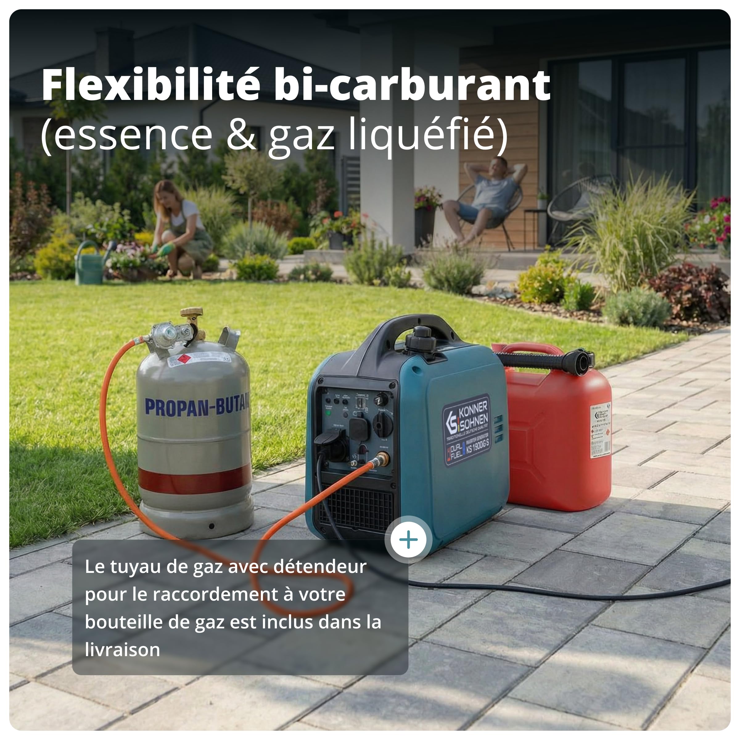 Könner & Söhnen KS 1900iG S Générateur à inverseur GPL 2,0 kW, double carburant, générateur à inverseur en mode éco, groupe électrogène de secours pour une utilisation en extérieur, 230 V/16 A, Euro 5