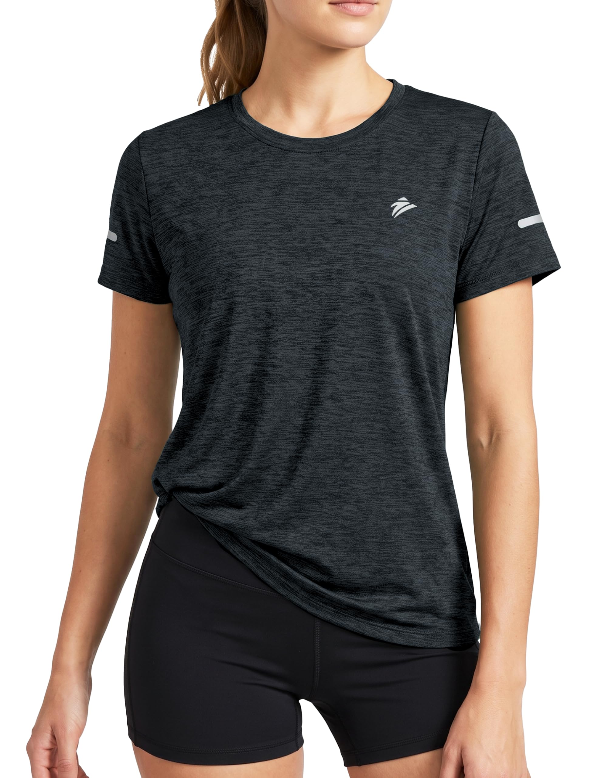 TACVASEN Damen Meliert Sport T-Shirt Laufshirt Kurzarm Sportshirt Rundhals Shirt Sommer Leicht mit Reflexstreifen