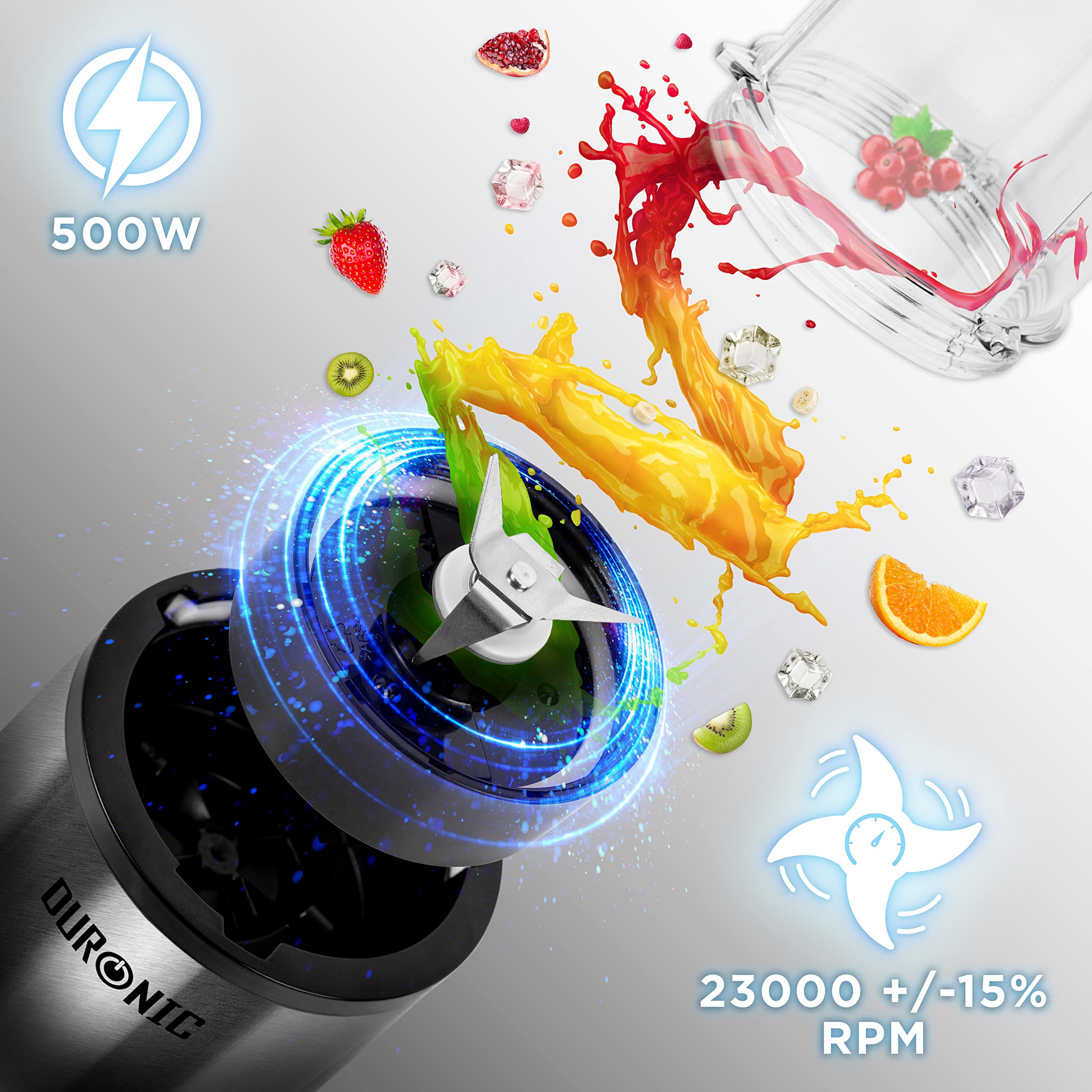 Duronic BL520 Mini frullatore elettrico 500W, Frullatore portatile con 2 borracce da 570ml e 400ml senza BPA, Blender compatto portatile, Frullatore per smoothie, cocktail, cibo per bebe, frullati