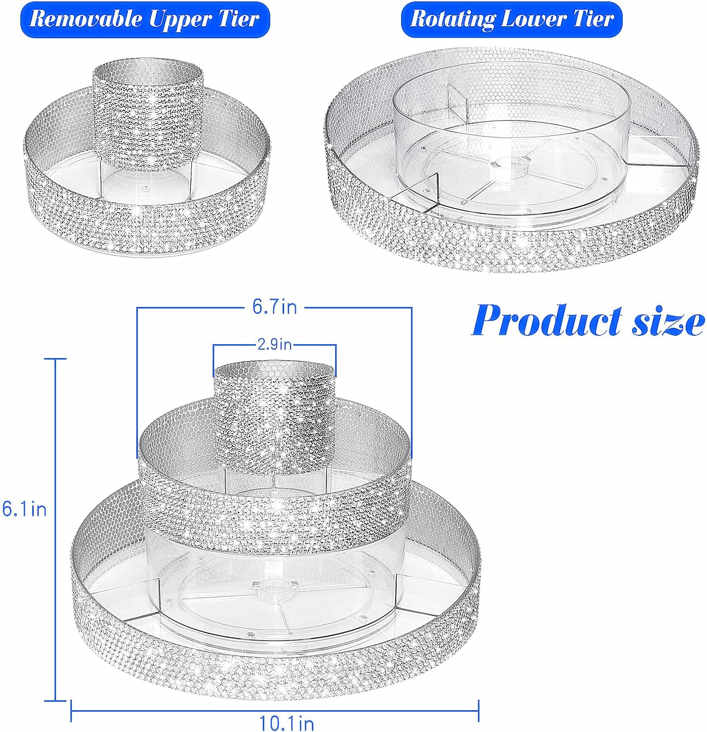 Yivaiks Bling 360 Rotating Makeup Organizer,Shiny Lazy Susan Cosmetic Storage Turntable for Skincare,Perfume & Lipstick,Glitter Round Spinning Tray with Brush Holder for Vanity,Bathroom (10"L x 10"W)