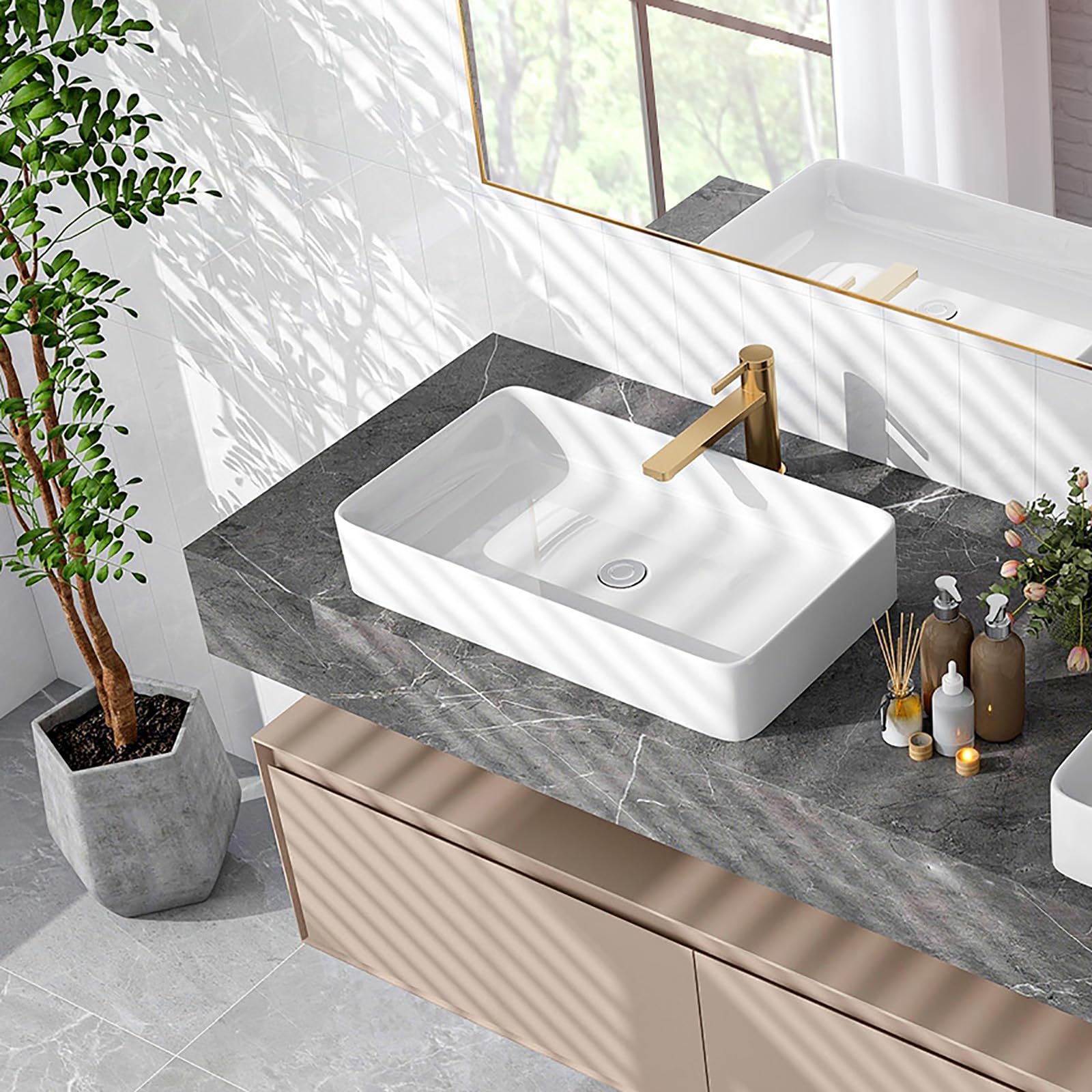 GIANTEX Lavabo rectangulaire à poser, en céramique, blanc, avec évacuation pop-up, 60 cm de large, pour salle de bain et WC d'invités ED0873DE