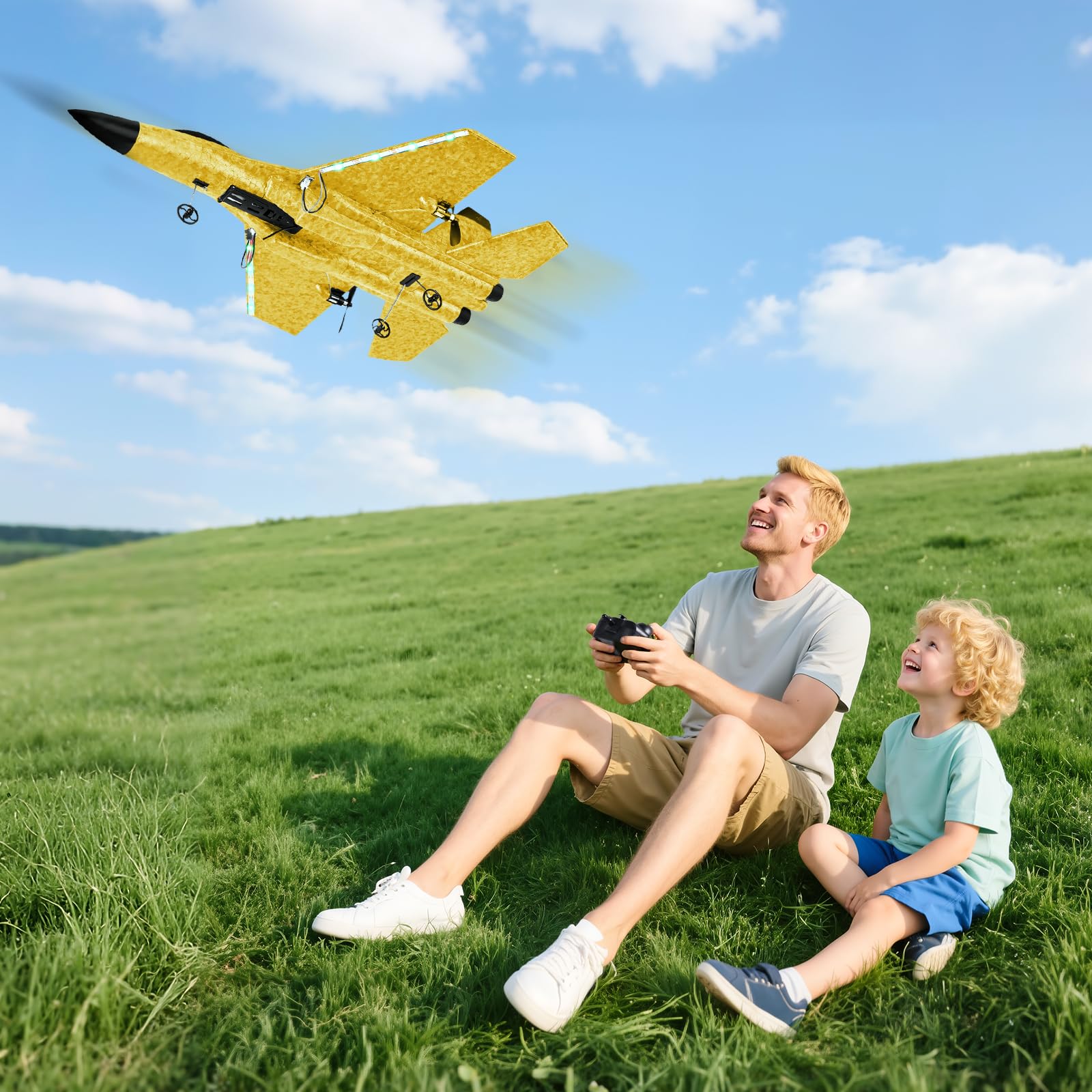 Aereo RC 2,4 GHz, Aereo Telecomandato con Giroscopio a 3 Assi, Aereo da Combattimento in Schiuma 2 Canali con 2 Batterie e Luci LED, Facile da Pilotare per Principianti Bambini Adulti, Giallo