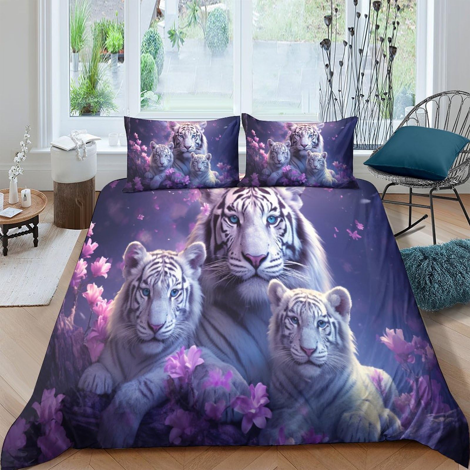 Crjus Men's Style-24 White Tiger Bedding Set Duvet Cover Set With Zipper Closure, Animal Quilt Cover Set For Teen Kids Boys Girls Adult, Durable Microfiber 3 Piece Set Double（200X200cm）