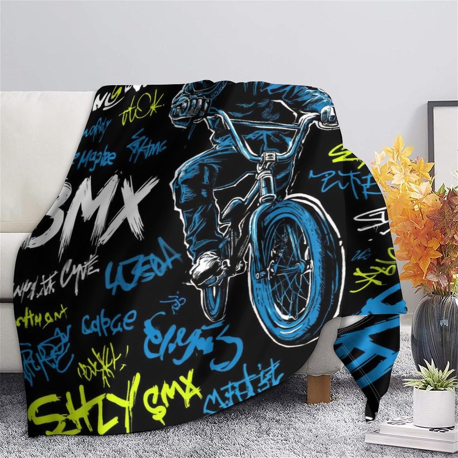 stampa 3D BMX rider action coperta da viaggio microfibra biancheria da letto compatta coperta da viaggio morbida per regali per chi viaggia per lavoro urban street arte 80×90inch(200x230cm)