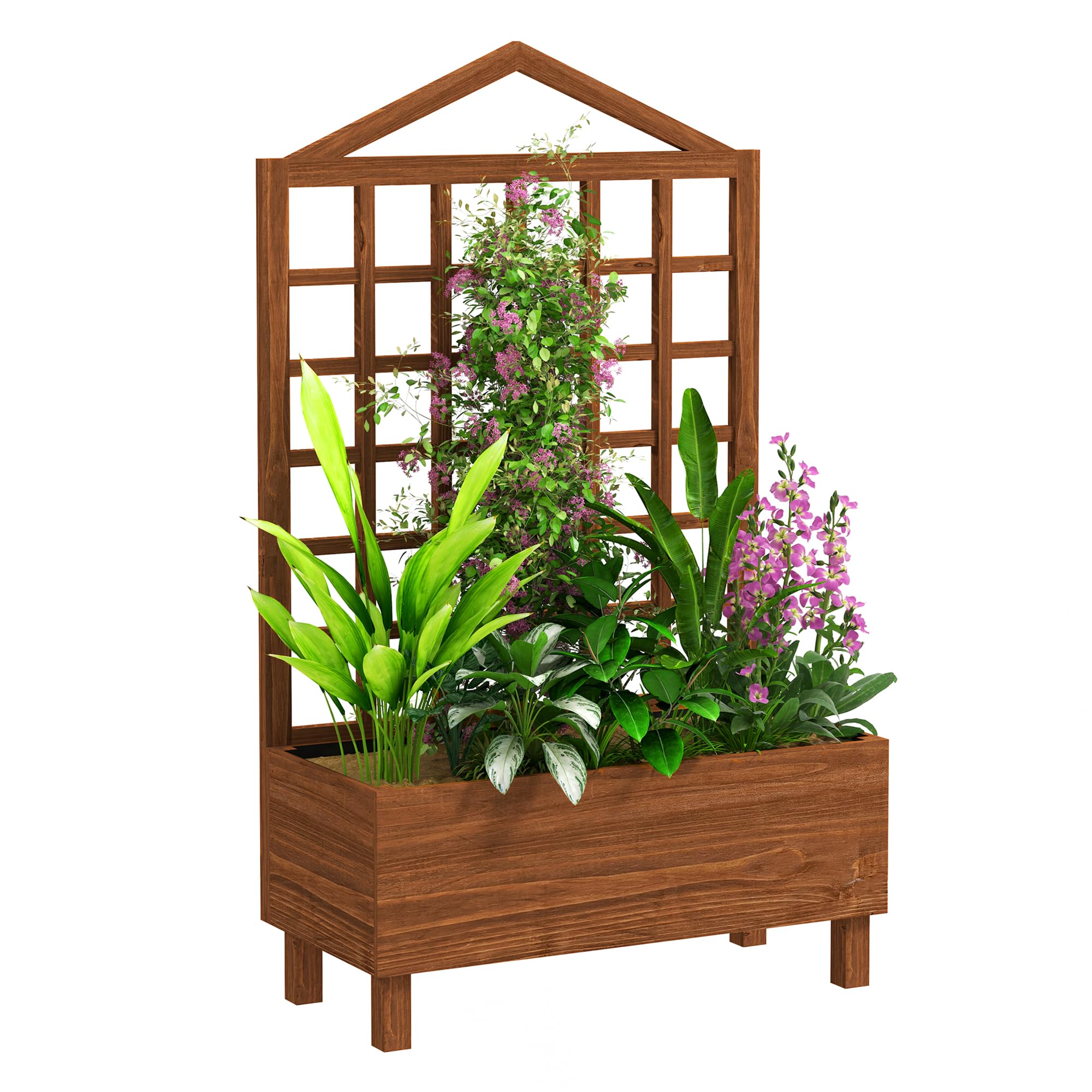 Outsunny Wooden Planters with Trellis for Vine Climbing, Raised Beds for Garden Patio, Outdoor Planter Box for Vegetables, Flowers, Herbs, 90 x 43 x 150 cm, Distressed Brown