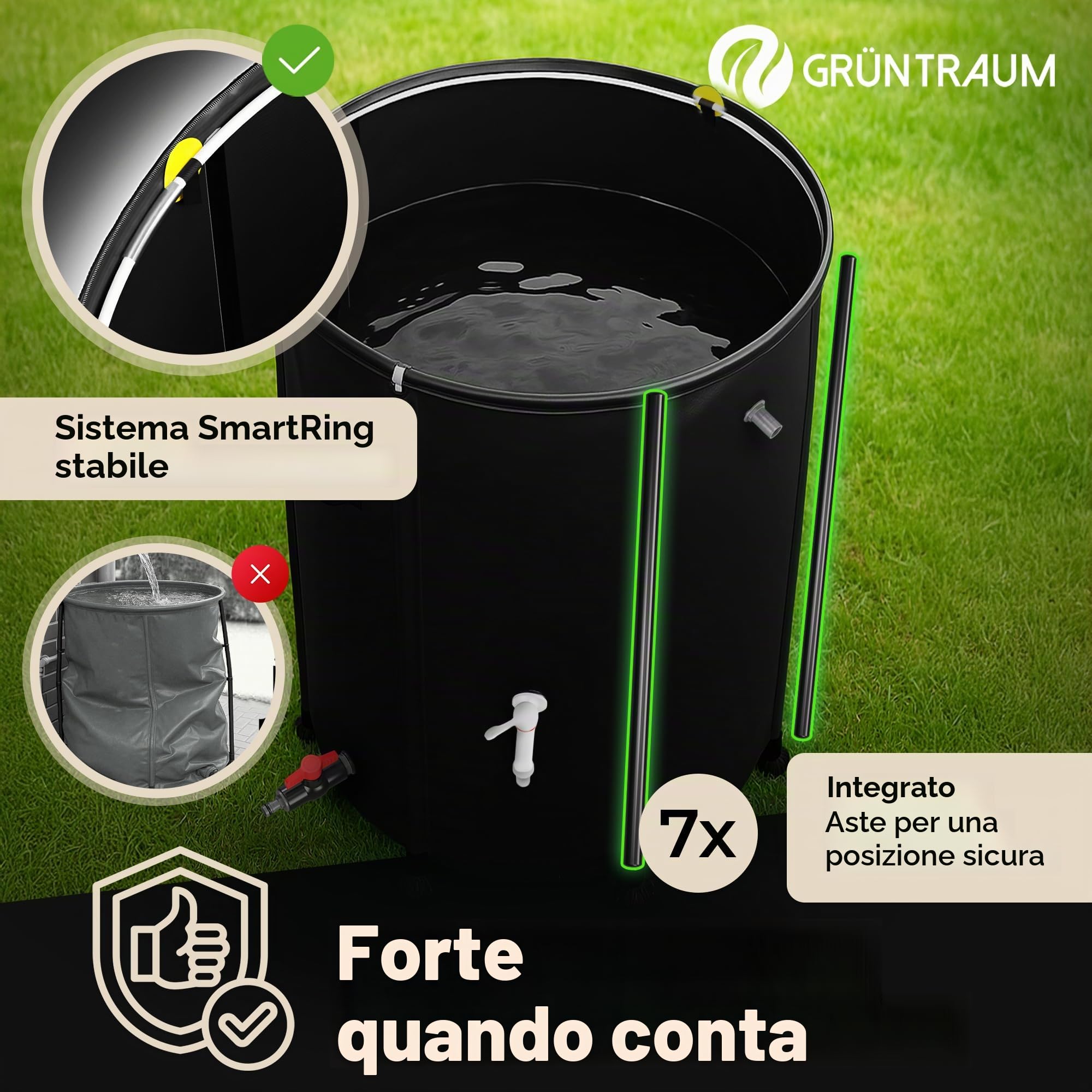 Serbatoio dell'acqua piovana pieghevole 200 l – Cisterna / Serbatoio per acqua piovana / Serbatoio d'acqua pieghevole – Fusto d'acqua stabile – resistente alle intemperie – con indicatore di
