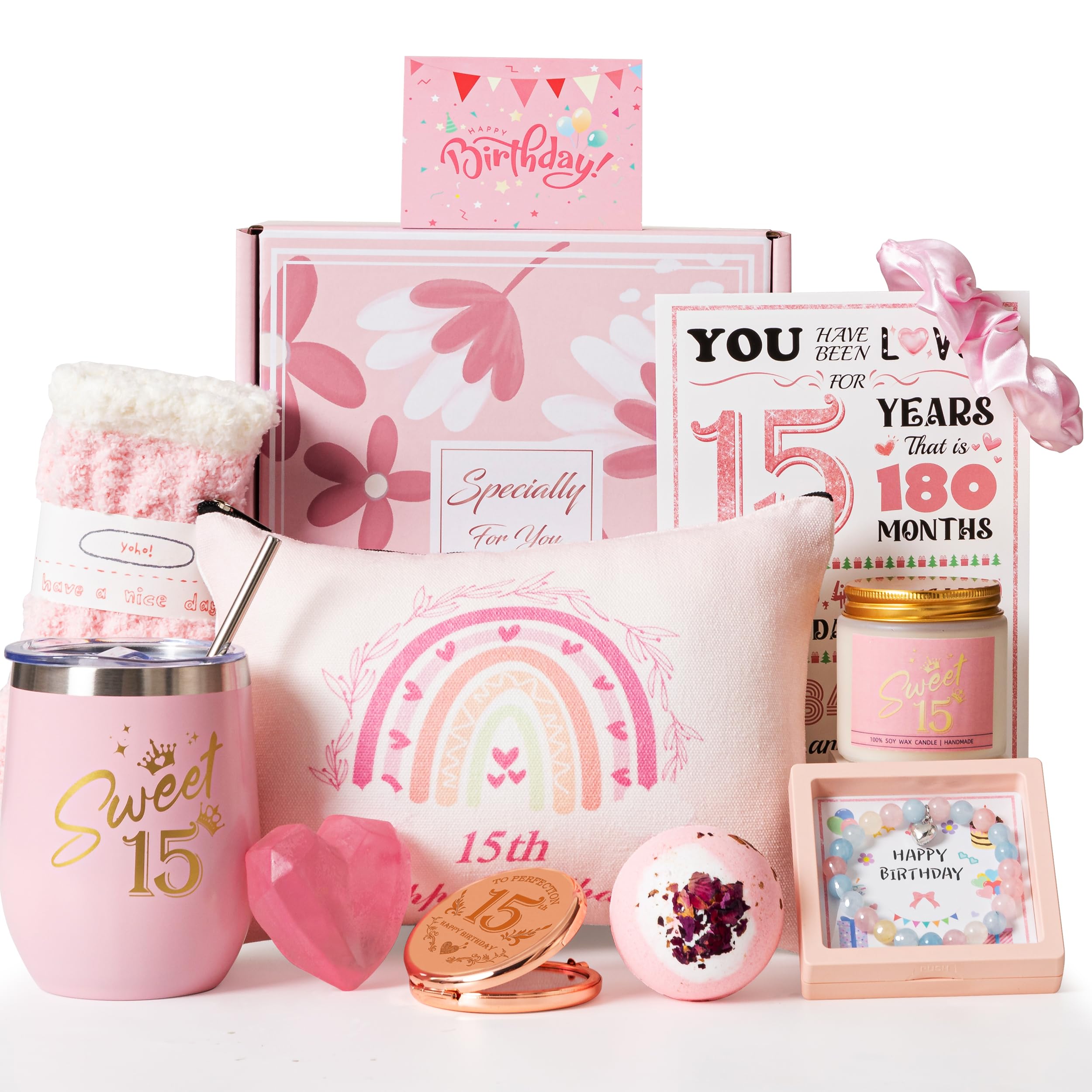 15th Birthday Gifts for Girls,Happy 15th Pamper Gift Basket Ideas for Daughter, Cute Unique Sweet 15 Year Old Birthday Hampers Presents for Her,Best Friend Niece,Granddaughter, Sister, Friend, Teens
