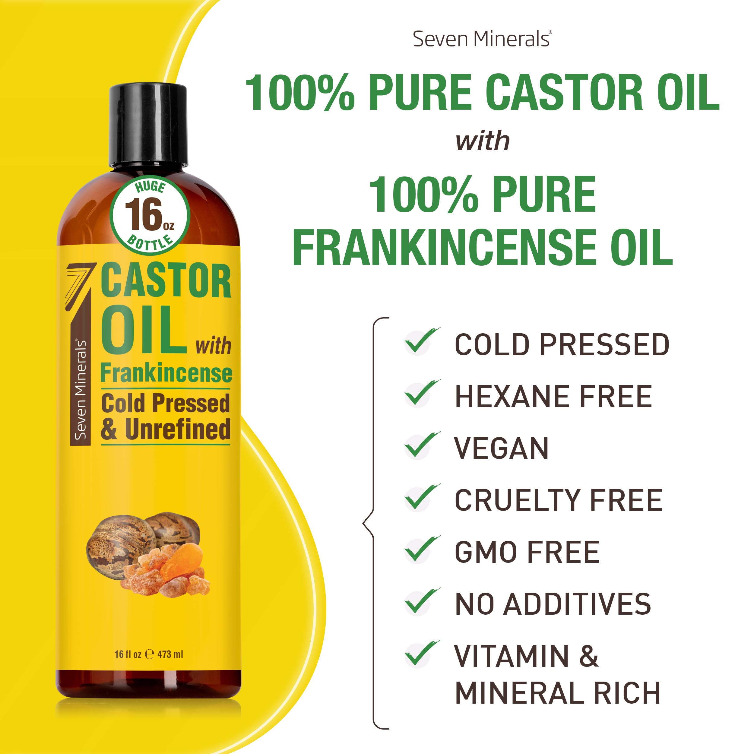 Seven Minerals Cold Pressed Castor Oil with Frankincense - 16 fl oz Bottle - Unrefined & Hexane Free - Hair Growth, Thicker Eyelashes & Eyebrows, Dry Skin Care, Joint and Muscle Relief (Pack of 1)