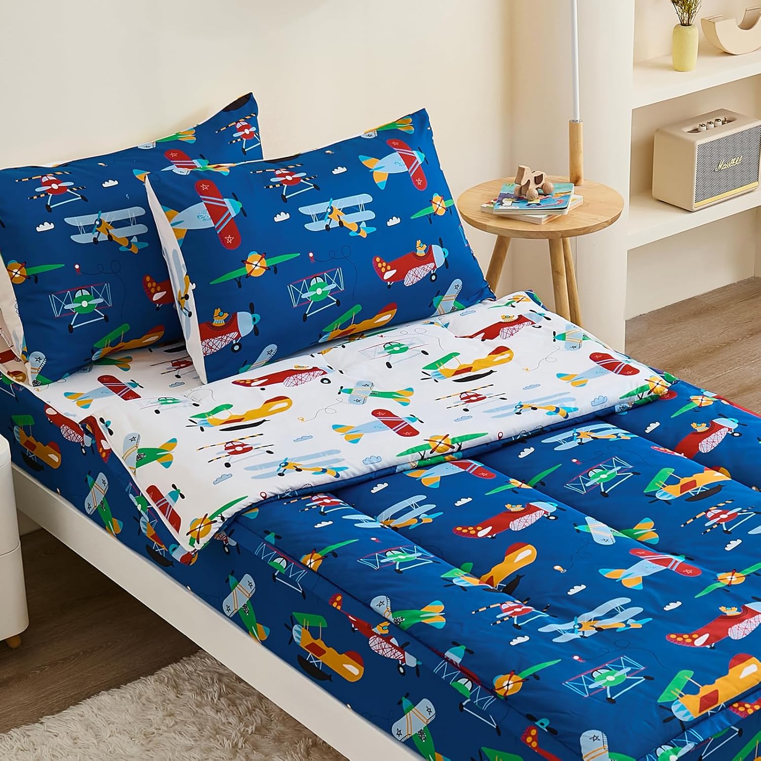 Anibedding 3Pcs Zip Up Bedding Comforter Set for Boys, Blue Airplane All in One Zipper Twin Bedding Set with Pillowcase for Kids Blue Twin