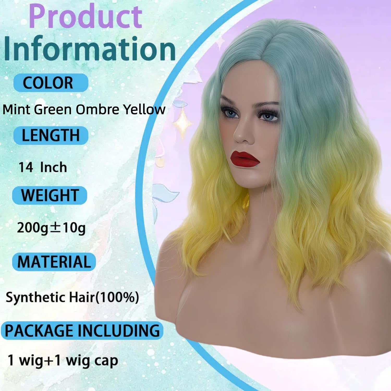 Cying Lin Short Bob Wavy Curly Wig Mint Green Ombre Yellow Wig For Women Cosplay Halloween Wigs Heat Resistant Bob Party Wig Include Wig Cap (Mint Green Ombre Yellow)