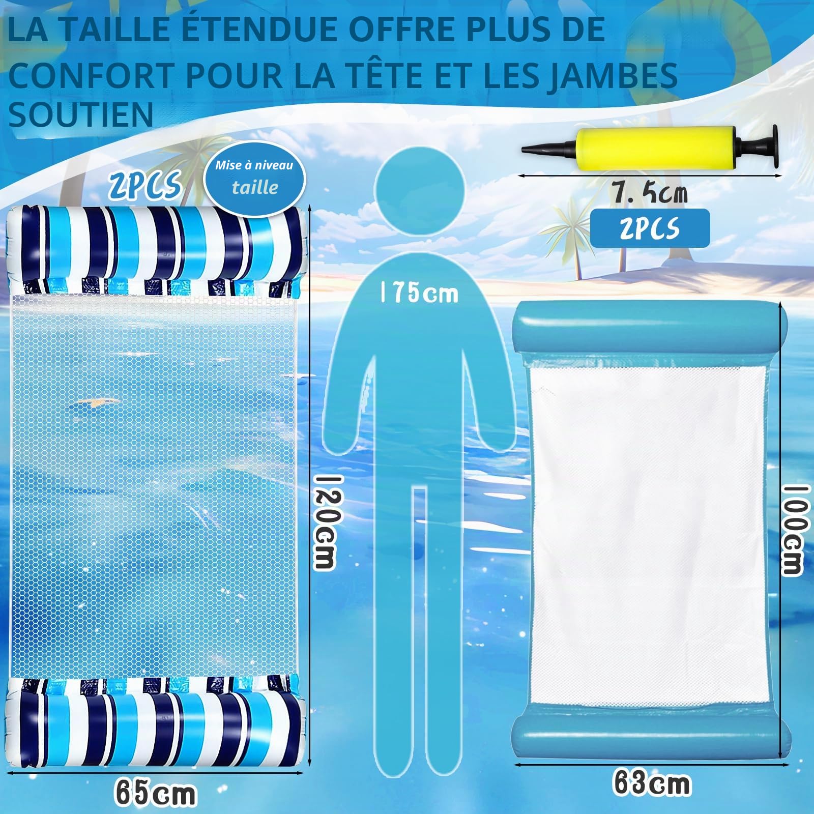 2Pcs Hamac Gonflable Flottant Piscine,4-en-1 Gonflables Pour Piscine avec Pompe à Air Manuelle