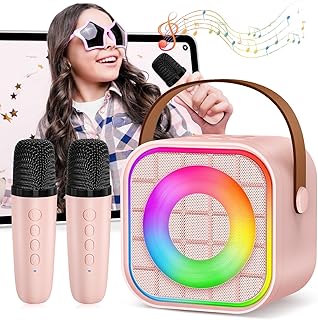 Mini Karaoke Machine with 2 Wireless Microphone, Portable Pink Bluetooth Speaker for Kids Adult, Birthday Teen Toys Gifts Ideas for Girls Ages 4 5 6 7 8 9 10 11 12+ Year Old, Family Home Party