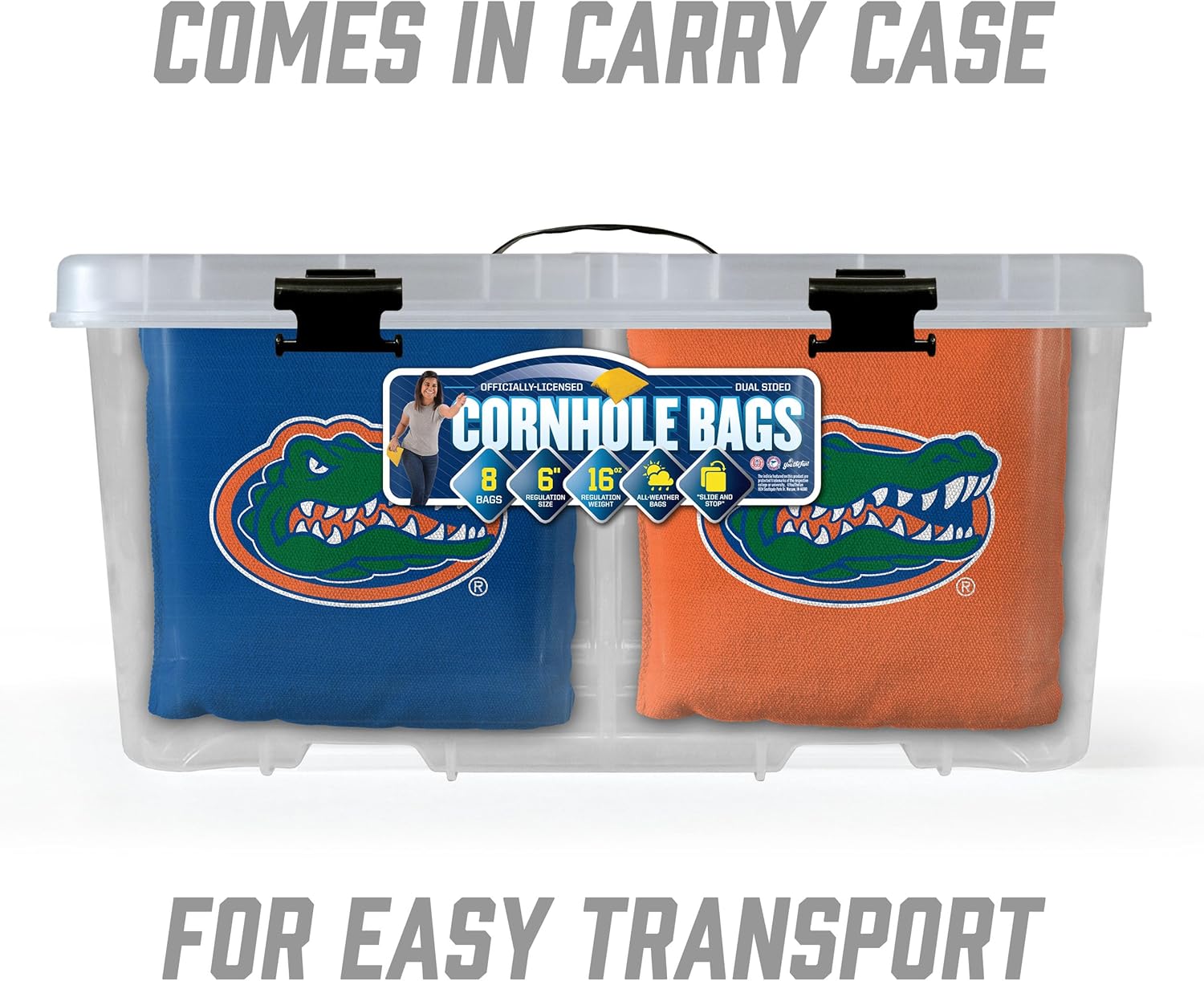 YouTheFan Officially-Licensed NCAA Set of 8 Cornhole Bags - All Weather Dual Sided Slide & Stop - Regulation Size with Carry case
