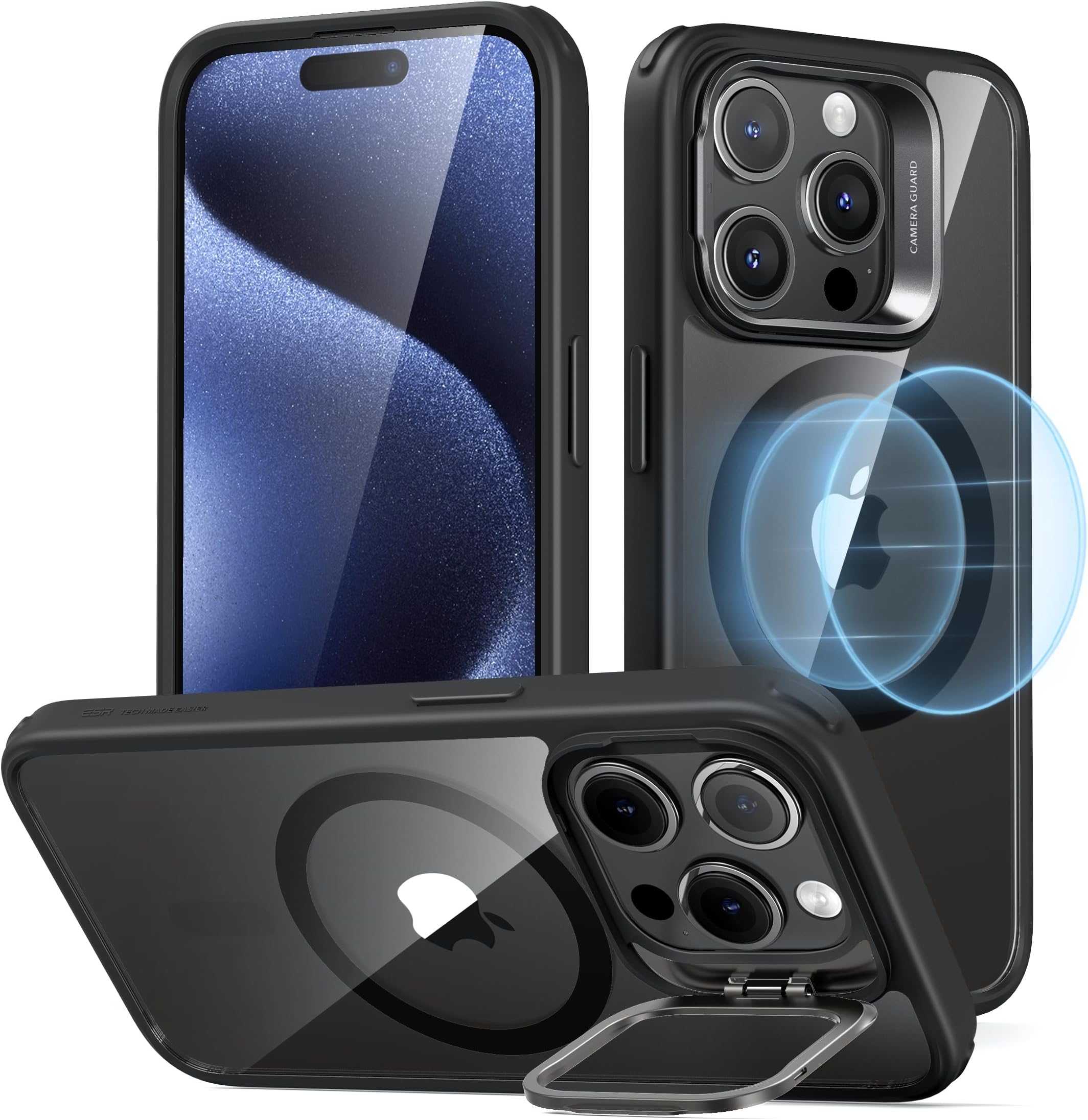 ESR for iPhone 15 Pro Case, Compatible with MagSafe, Military-Grade Protective Case, Built-in Stash Stand Phone Case, Scratch-Resistant TPU Back Cover, Classic Series, Clear Black