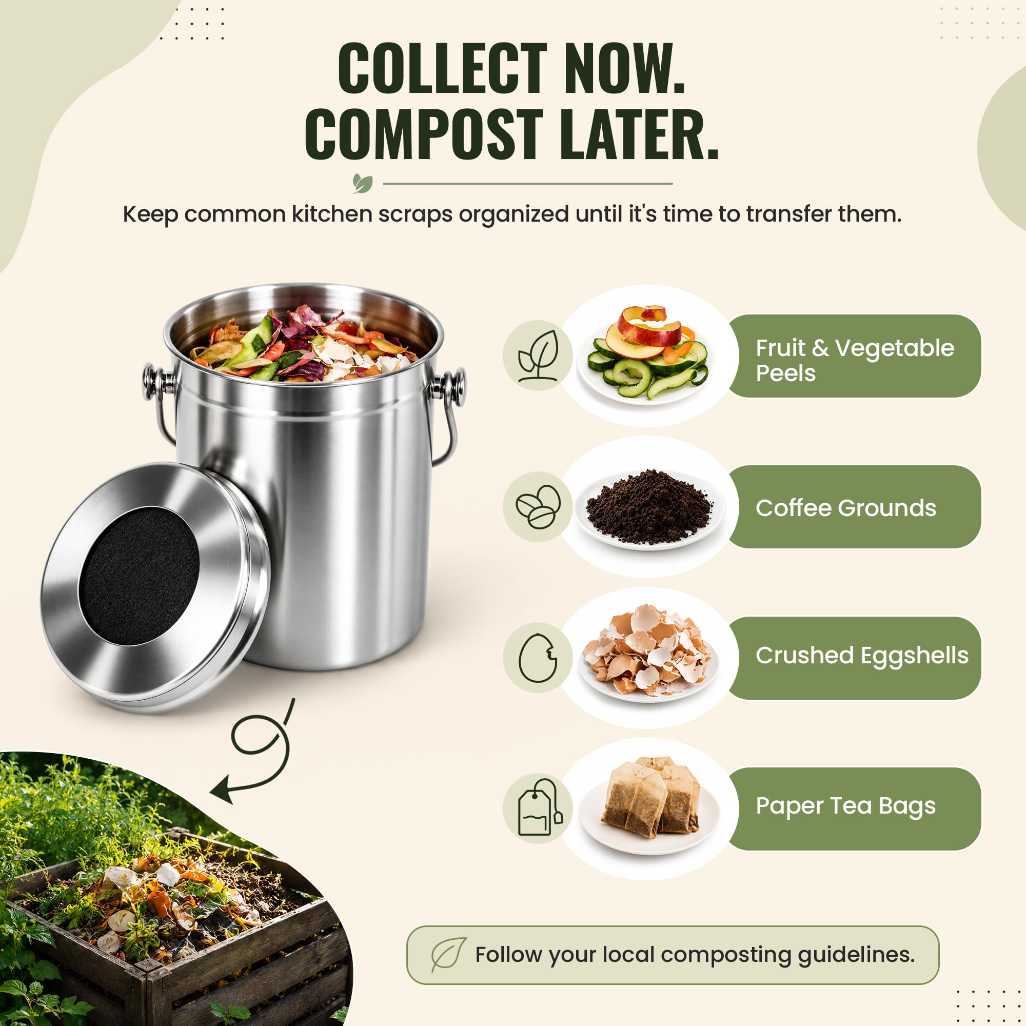 Epica, Secchio per compost da banco da cucina, 5 litri, inodore, con filtri a carbone, da interno, con coperchio, compostiera in acciaio inox per avanzi di cibo e riciclaggio dei rifiuti