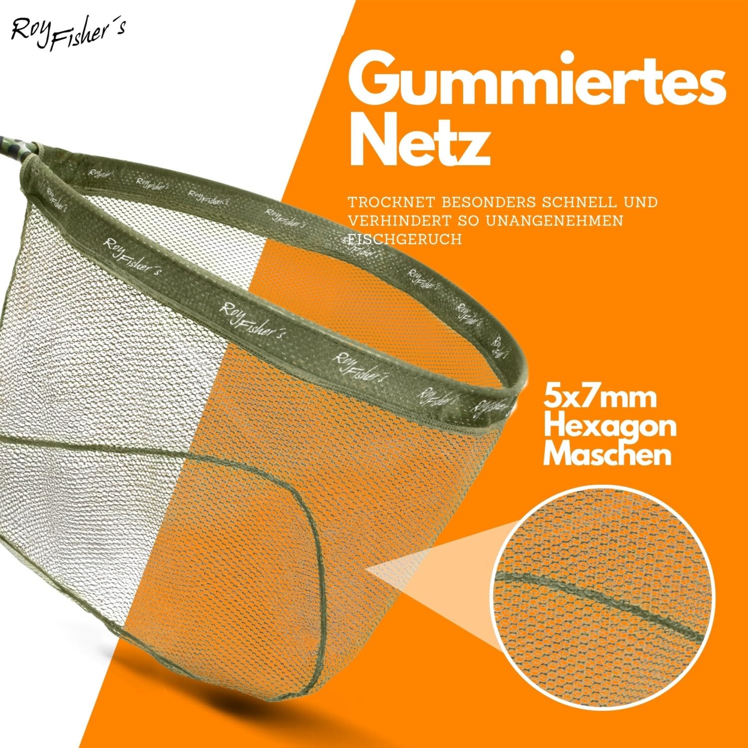 Roy Fishers Gummierter Kescherkopf Safely Rubber Net | Fischschonendes Netz, Aluminium-Rahmen, Universal-Gewinde für Kescherstäbe, Schnelltrocknend & Geruchsarm