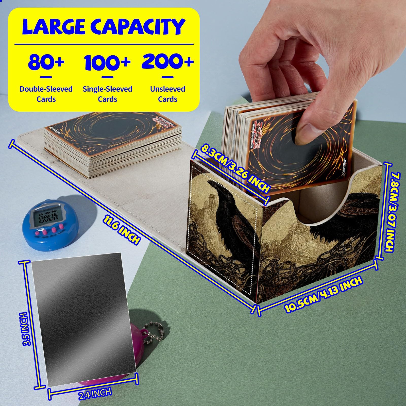 Amazon.com: Card Deck Box Plus 100 Counts Matte Black Card Sleeves, Black  Crow Art for Collectible MTG TCG CCG Card Storage Box Horizontal Holds 100+  Single Sleeved Cards, Leather Game Card Box