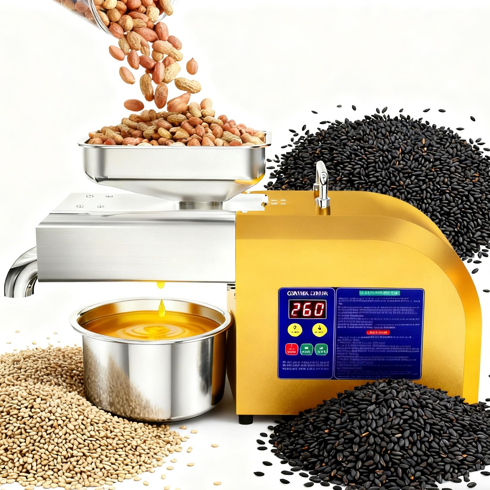 Prensa de Aceite Automática 1100W con Trituradora de Aceitunas Hueso, Rendimiento 4-9 kg/h, Acero Inoxidable 304 para Uso Doméstico y Comunitario
