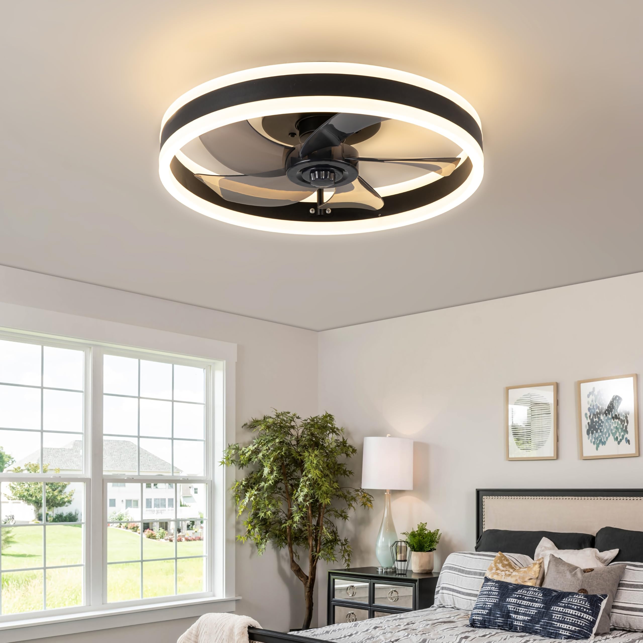 Exlafi Quiet Ceiling Fans with Lamp Remote Control, Modern Lighting Fan Ceiling Light LED 58W Dimmable Ceiling Fan Lights for Bedroom Living Room, Fan Reversible and 6 Speeds, Black 40CM
