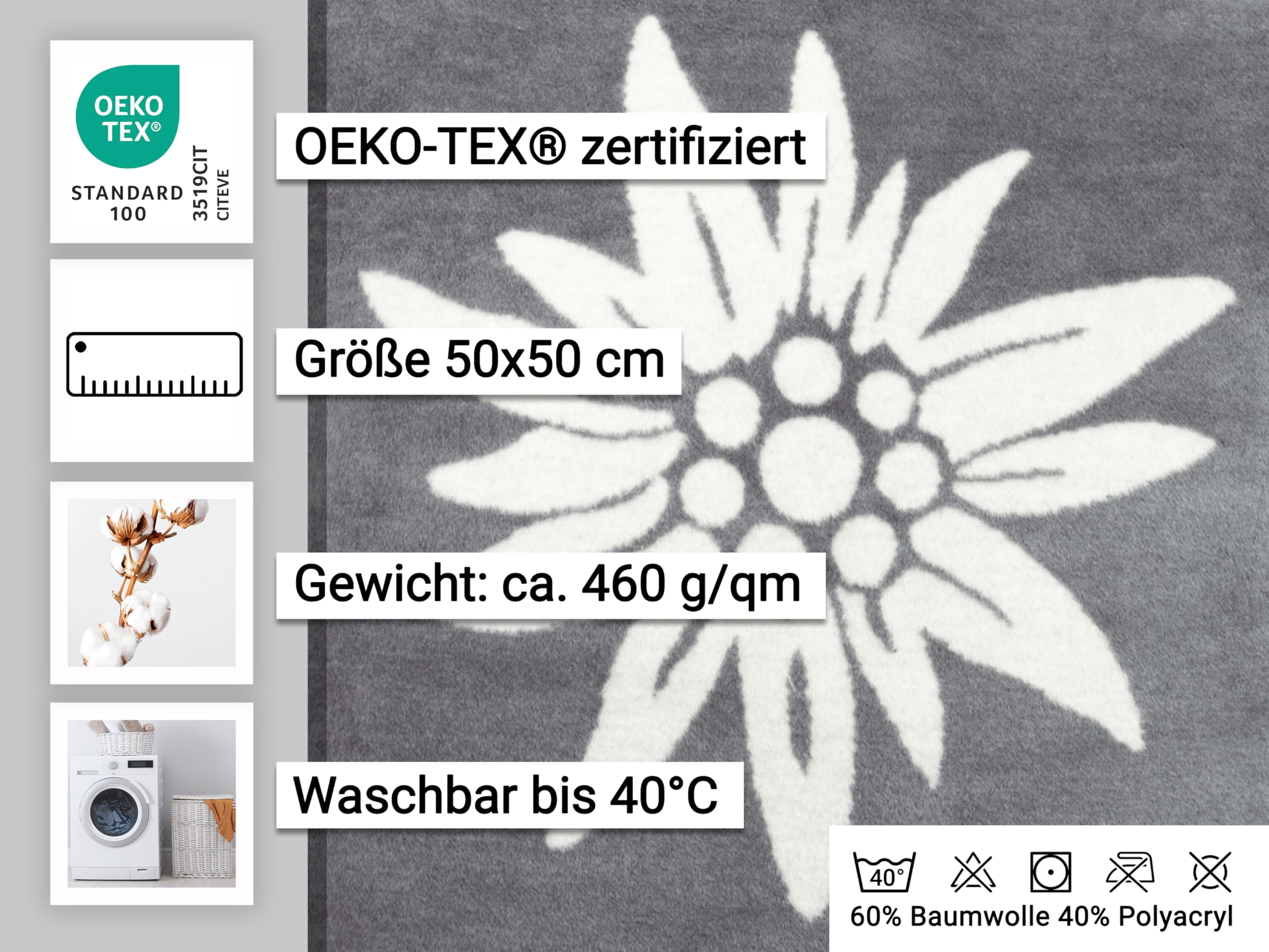 ZOLLNER 2er Set Kopfkissenbezug mit Edelweißmotiv inkl. 2er Set Dekokissen 60% Baumwolle, 40% Polyacryl, Grau