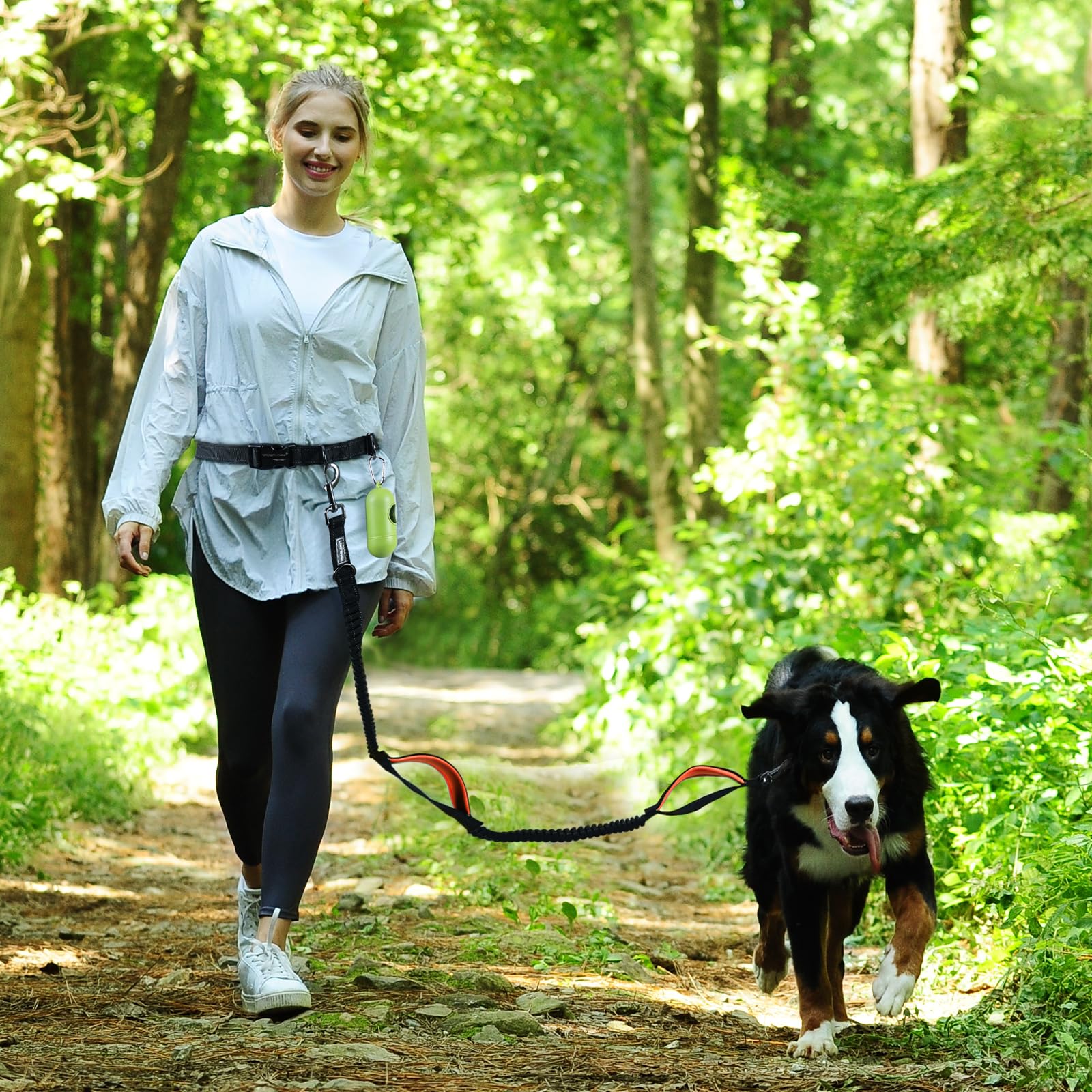 VIVAGLORY Correa para Perro sin Manos con Bungee Doble, Dos Asas Acolchadas, Correa Reflectante de Cintura Ajustable para Entrenamiento y Jogging, Negra/Naranja