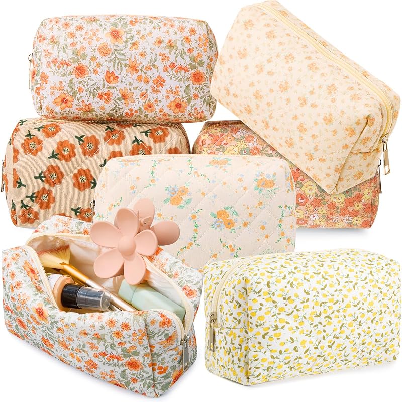 Necessaires de maquiagem Paterr com zíper, algodão matelassê, estampa Sunny Floral, Apricot, Pacote com 6
