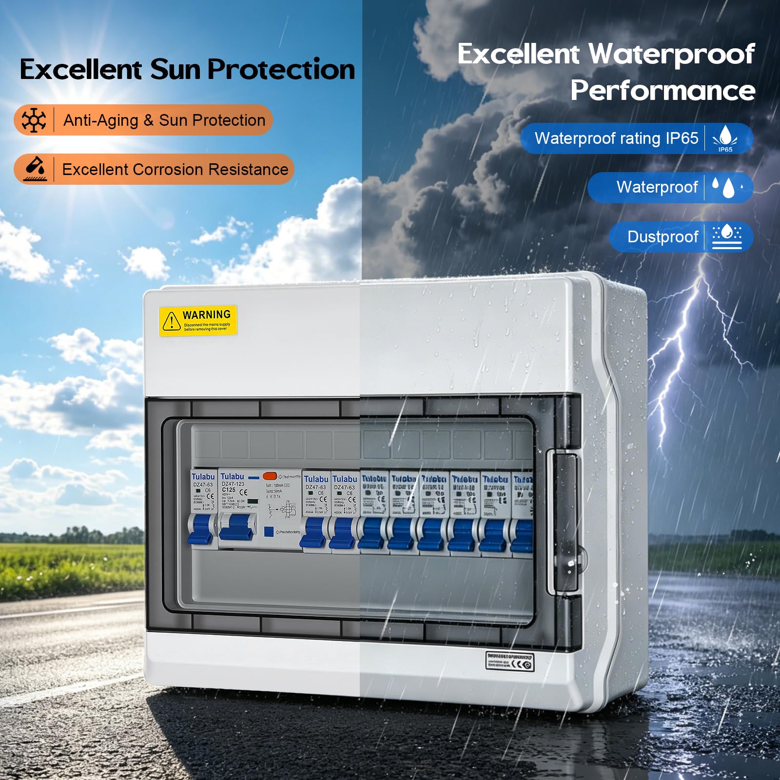 Caja de fusibles de superficie, caja de distribución con interruptor diferencial FI, caja de distribución de energía IP65 para hogar/oficina/centro comercial, interruptor de alimentación de 125 A