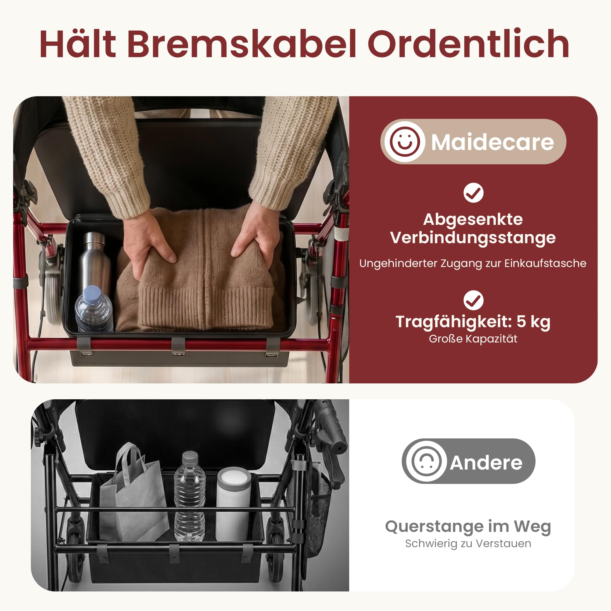 Rollator Faltbar und Leicht mit Sitz, Rollator Schmal für Wohnung, Rollatoren für Senioren mit Höhenverstellbar Sitz und Griff, Indoor Walker, mit Bremse, Korb, Rot