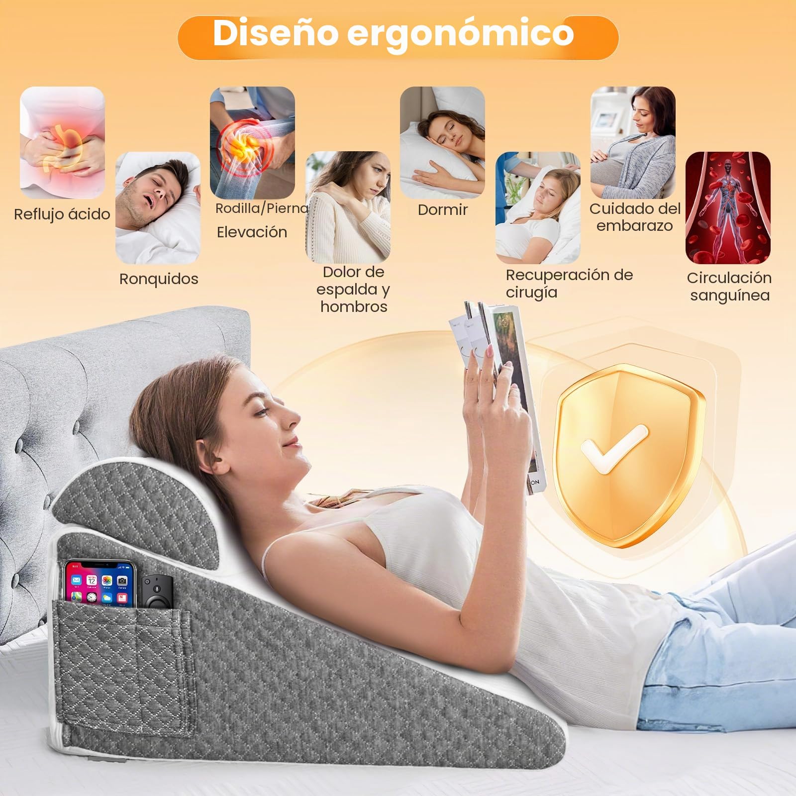 Cojín en cuña para cama, cojín antirreflujo para adultos con soporte para la espalda, ergonómico cojín triangular para el apoyo de la espalda, piernas y rodillas (espuma de alta densidad)