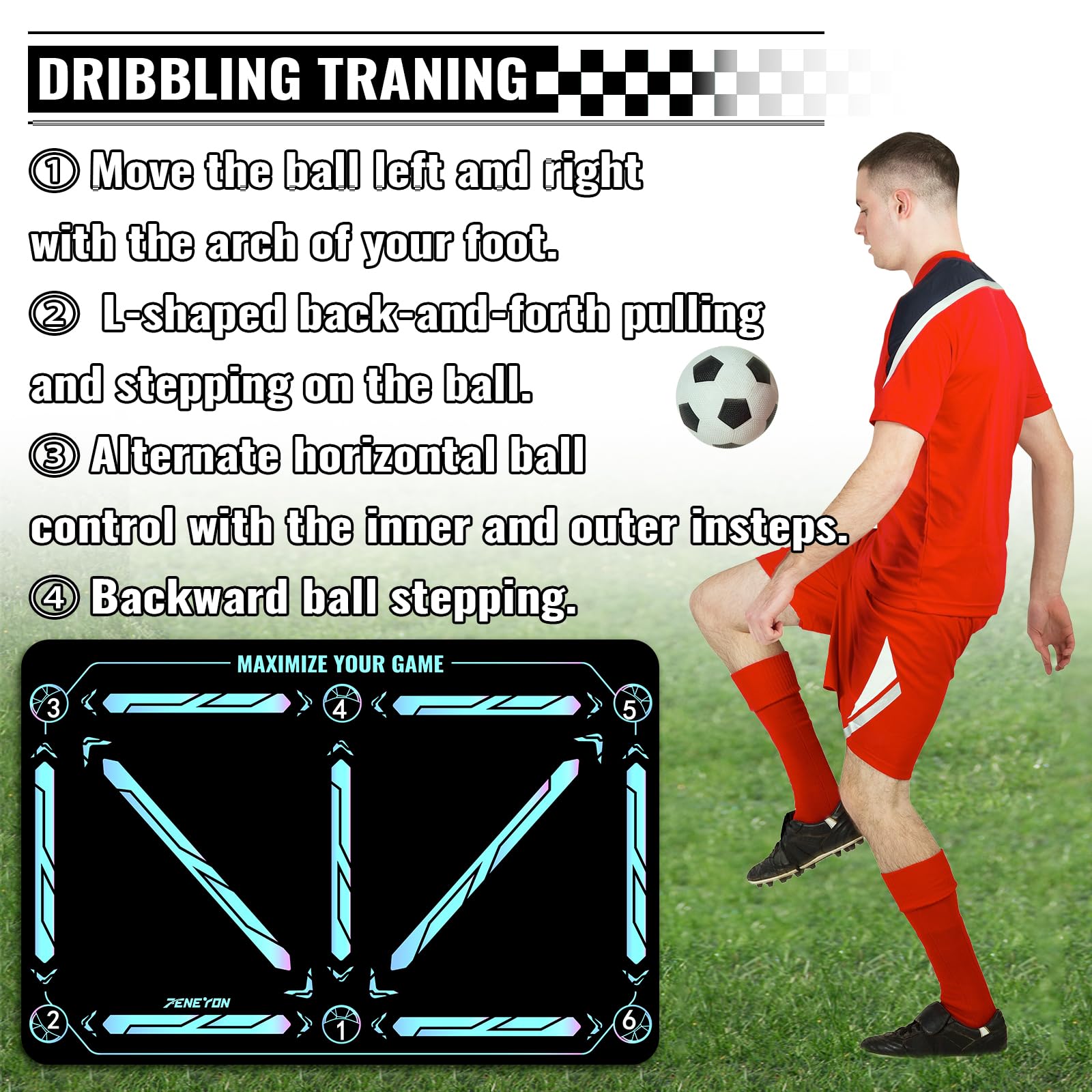 Soccer Training Mat with Soccerball socks-Non-Slip Soccer Training Equipment for Adults and Professional Athletes to Boost Speed, Strength & Coordination | Soccer Trainer for Indoor/Outdoor Drills