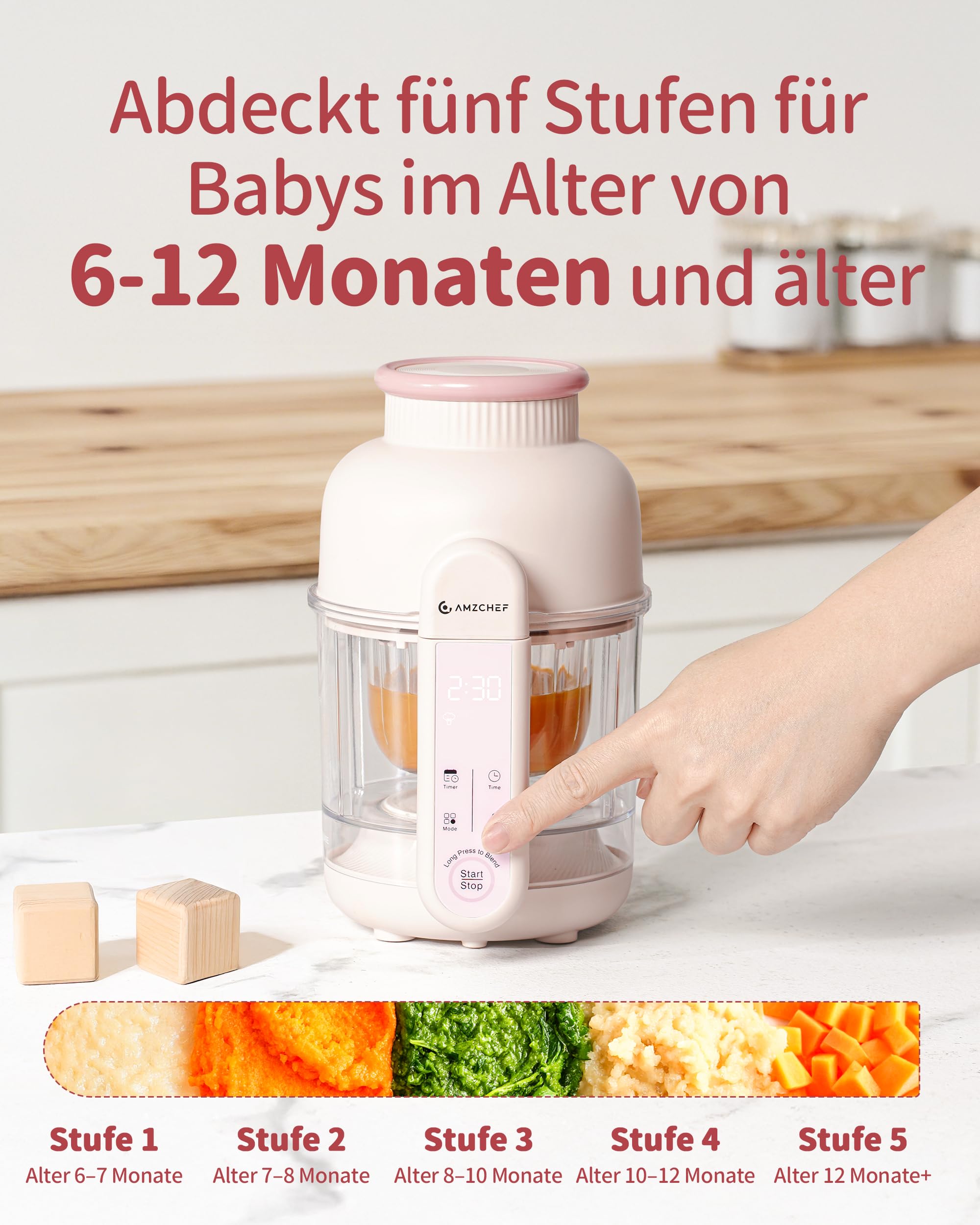 AMZCHEF Babynahrungszubereiter mit Dampfkorb – 6-in-1 Automatisches Kochen & Mixer mit Altersauswahl und Timer, Babybrei Zubereiter für verschiedene Zutaten, spülmaschinenfest und BPA-frei