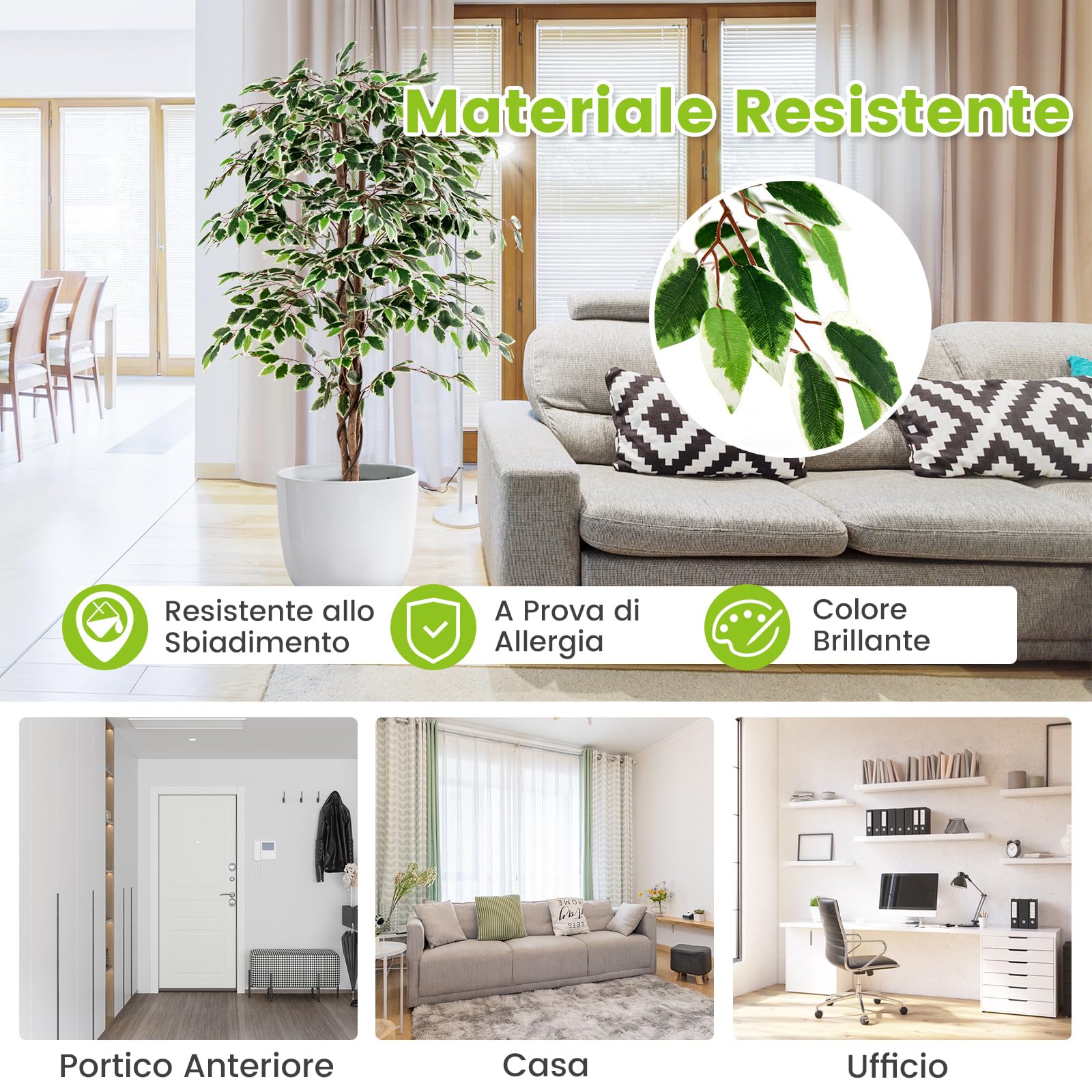 COSTWAY Albero di Fico Artificiale 160 CM, Pianta Finta da Interno con 1008 Foglie, Tronco Naturale in Legno, Vaso Robusto, Muschio Secco, Albero Finto per Casa, Ufficio, Soggiorno, Portico