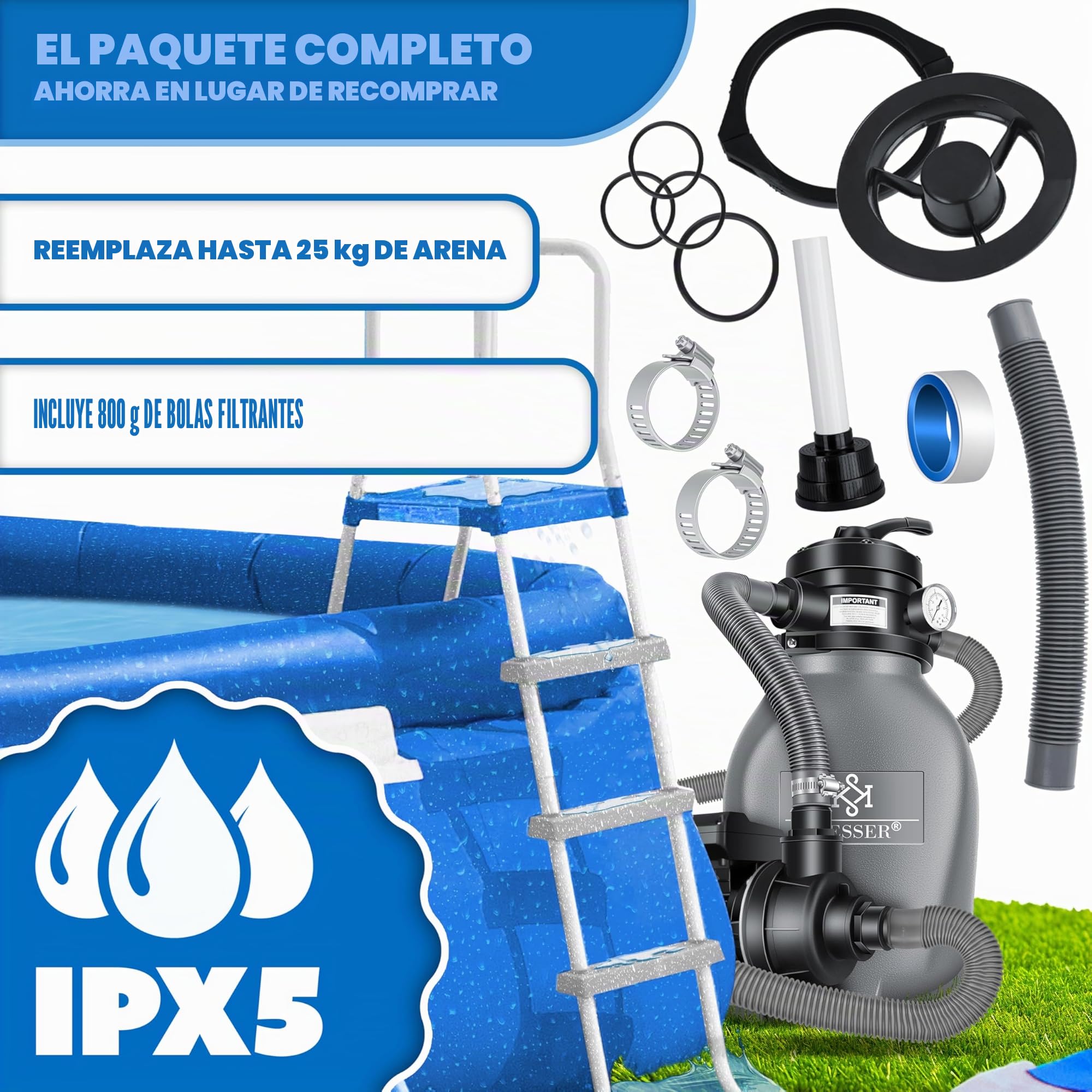 KESSER® Filtro de Arena, Sistema de filtrado de Arena + Bolas de filtrado de 700 g Que sustituyen a Las de 25 kg de Arena de filtrado para Piscinas, Sistema de filtrado de 10 mġ/h para Piscinas,Gris