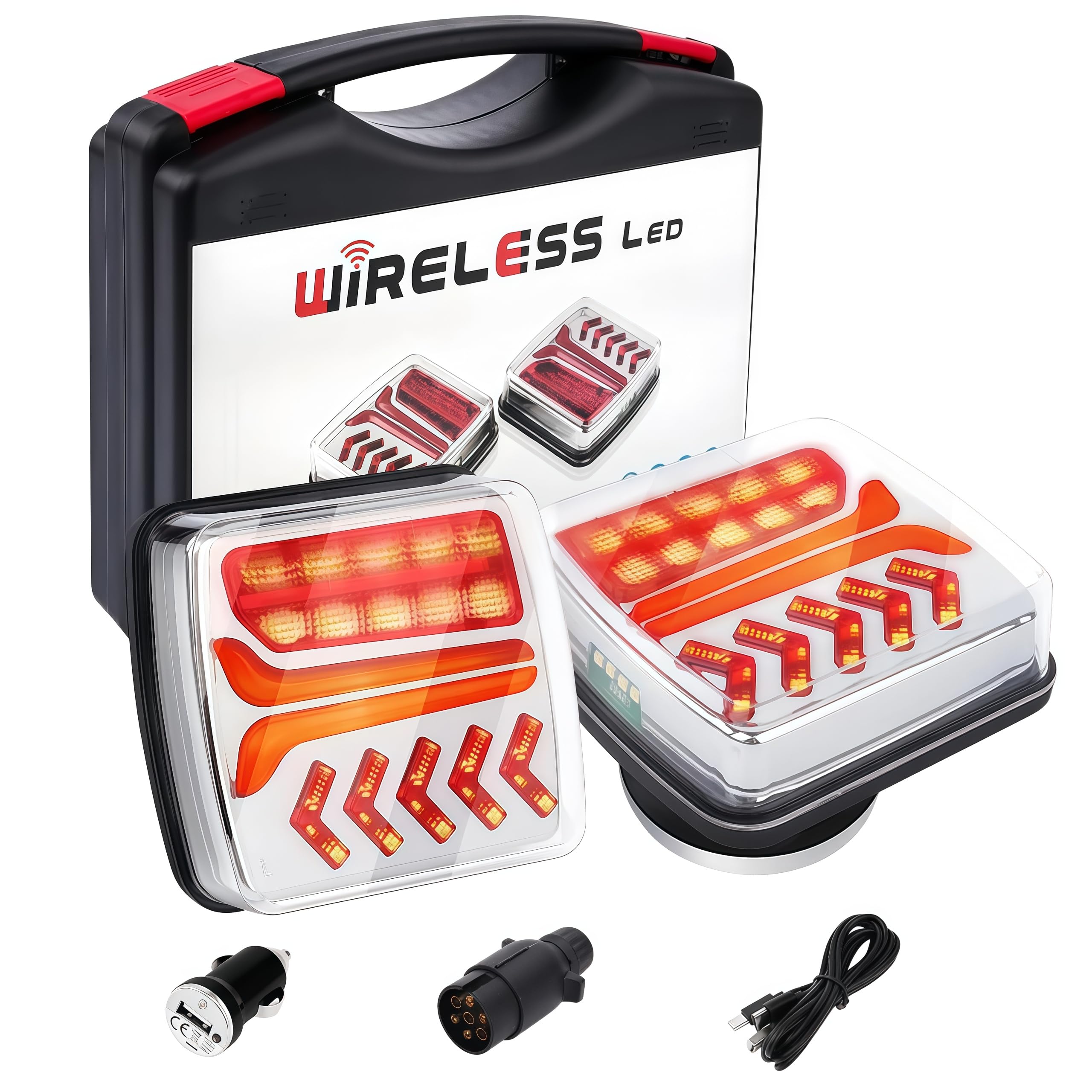 KinZon Feux Arrière de Remorque Sans Fil Magnétiques, Kit de Feux LED Rechargeables Étanches IP65, Feux Stop & Clignotants pour Camion, Camping-Car, Bateau et Caravane