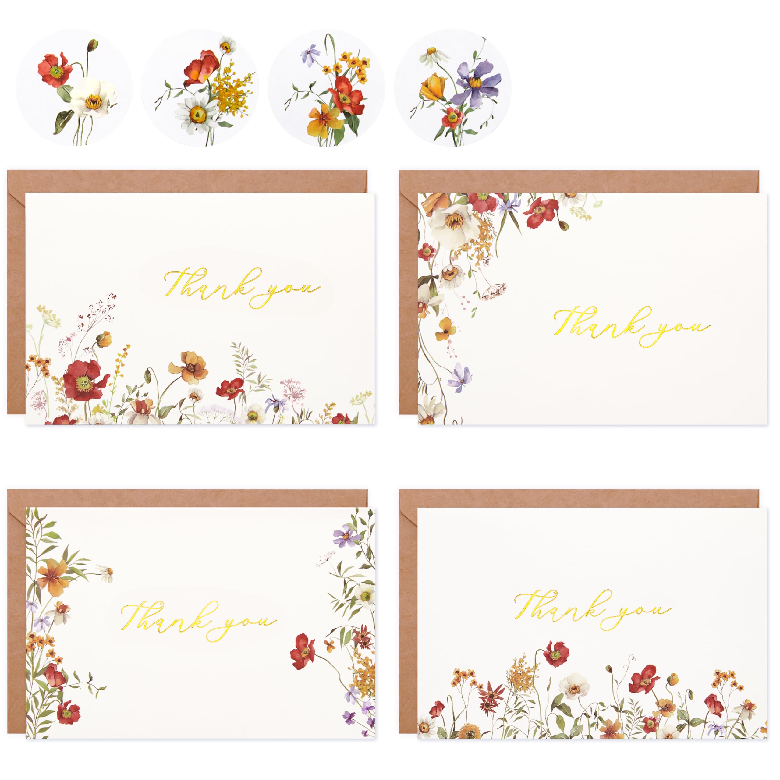 Crisky 50 Pack Fall Thank You Cards with Envelopes, 4 Assortment Floral Watercolor Autumn greeting cards, Perfect for Birthday, Baby Shower, Bridal Shower, Wedding, Graduation, 4x6 inch