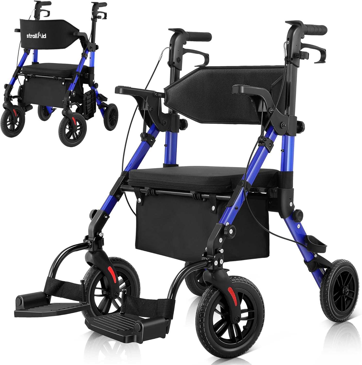 Walkers for Seniors with Seat, Walker Wheelchairs Combo 2 in 1 Rollator Walker Transport Chair with Seat, Lightweight Foldable Transport Wheelchair Rolling Walker with Brakes, Blue