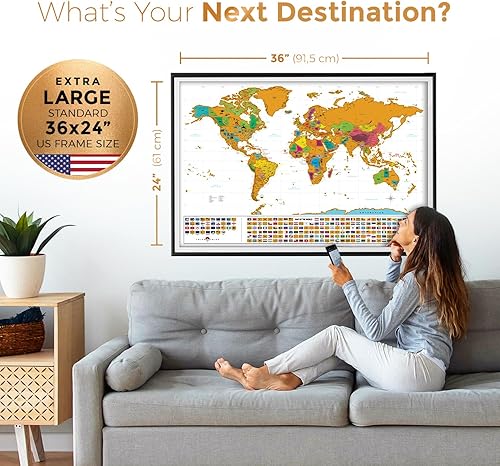 Miniatura 2 de Mapa del mundo XL para raspar con las 233 banderas + mapa de lujo para raspar de EE. UU.  36 x 24 pulgadas fácil de enmarcar mapa de viaje  Mapa del