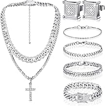 Yinkin 6 Pcs Hip Hop Jewelry Set for Men Rhinestone Link Chain Bracelet Earrings Tennis Diamond Jewelry Set for Men Gift