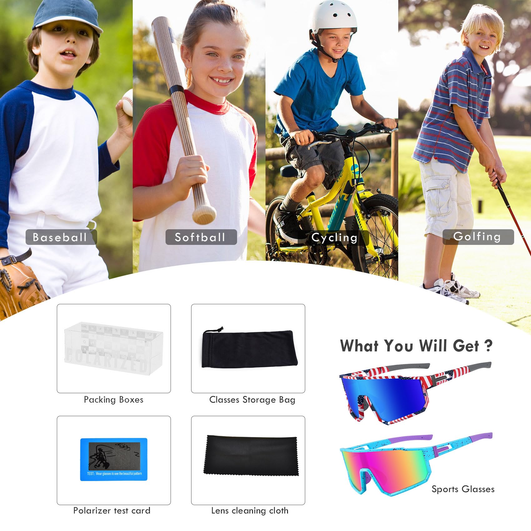 Baseball-Sonnenbrille für Kinder, polarisiert, UV400-Schutz, Brille für Jungen und Mädchen, Softball, Radfahren
