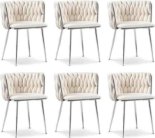 Miniatura 24 de Juego de 2 sillas de comedor de terciopelo, sillas laterales tapizadas tejidas con patas de metal plateado, Sillas de Comedor 2, sillas decorativas