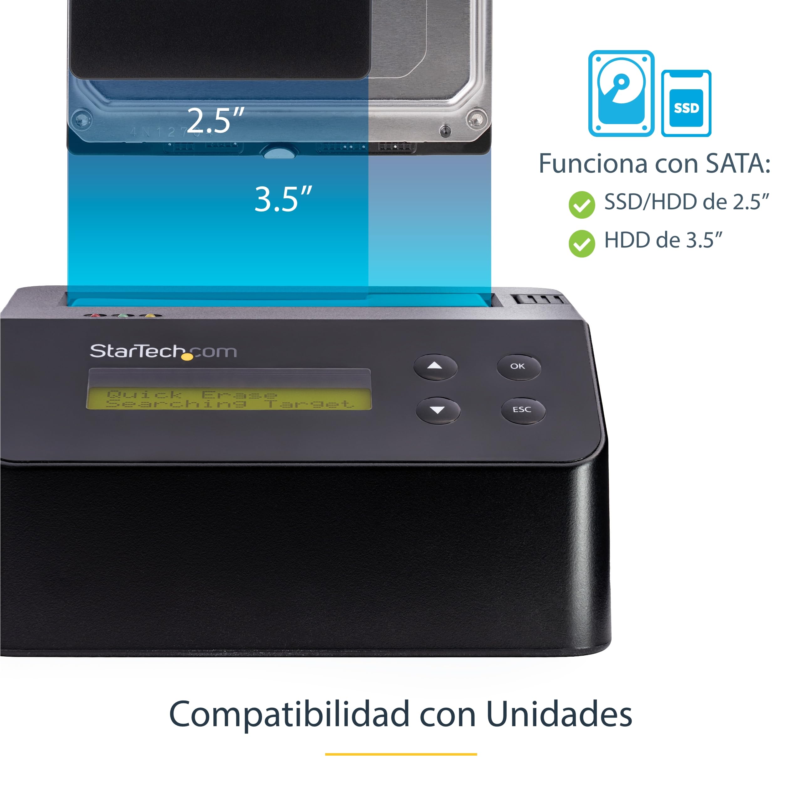 StarTech Borrador SATA 2,5/3,5in 1 Bahia, SATA II 3Gbps, LCD (SDOCK1EU3P) | Sanitizador de discos, Limpiador por hardware, Borrado seguro, 9 modos