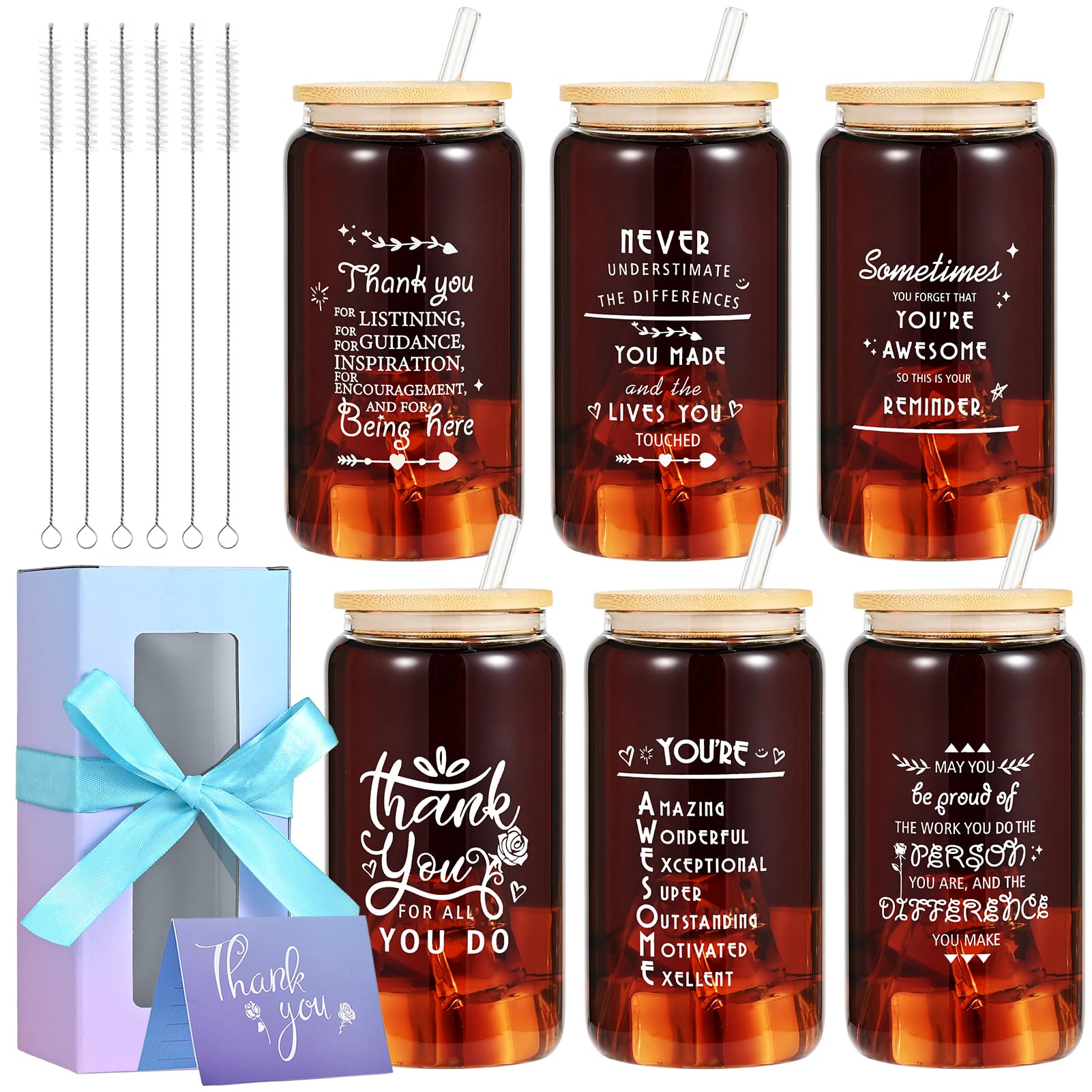 6 Set Employee Appreciation Gifts Bulk, Personalized Inspirational Thank You Gifts for Staff Coworker 16oz Can Shaped Beer Glass Cups with Lids and Straws, Gift Box and Card for Team Women Men