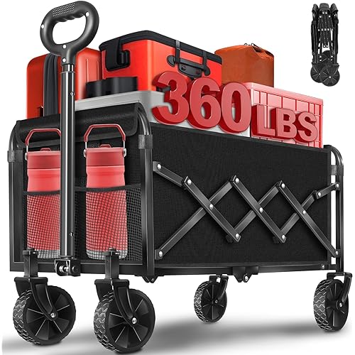 Wagons Carts Foldable, 360 Lbs with Adjustable Handle, Black Lightweight Portable, Wagon Cart for Camping, Shopping, Sports, Travel, Picnic and Grocery with 2 Drink Holders