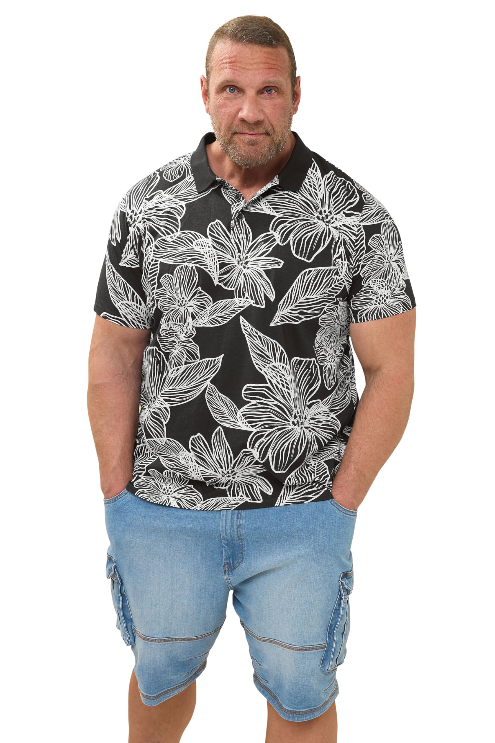 BadRhino Big & Tall Leaf Print Polo Shirt - Men's - Plus Size Curve Black