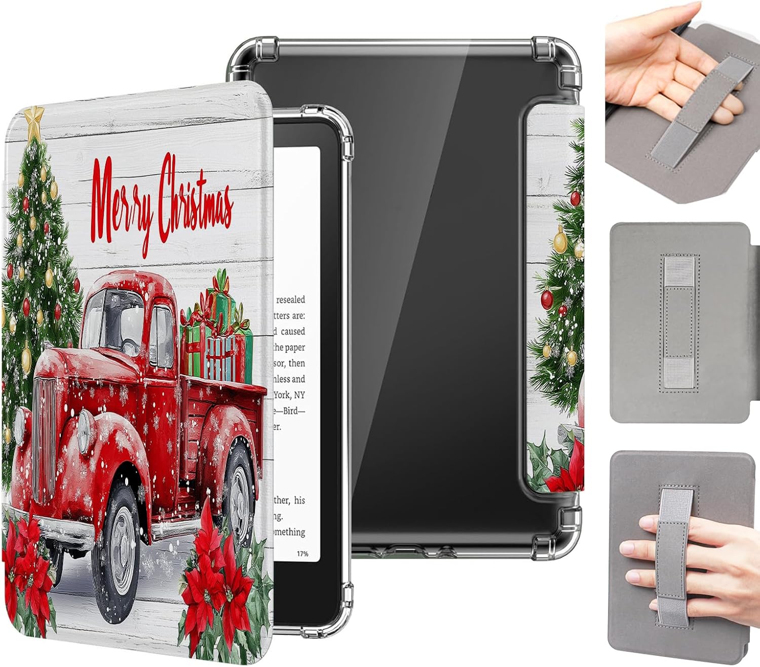 Case for 7'' All-New Kindle Paperwhite 12th Generation and Kindle Colorsoft Signature Edition 2024 Release - Lightweight PU Leather & Clear Back Smart Cover with Hand Strap, Christmas Red Truck