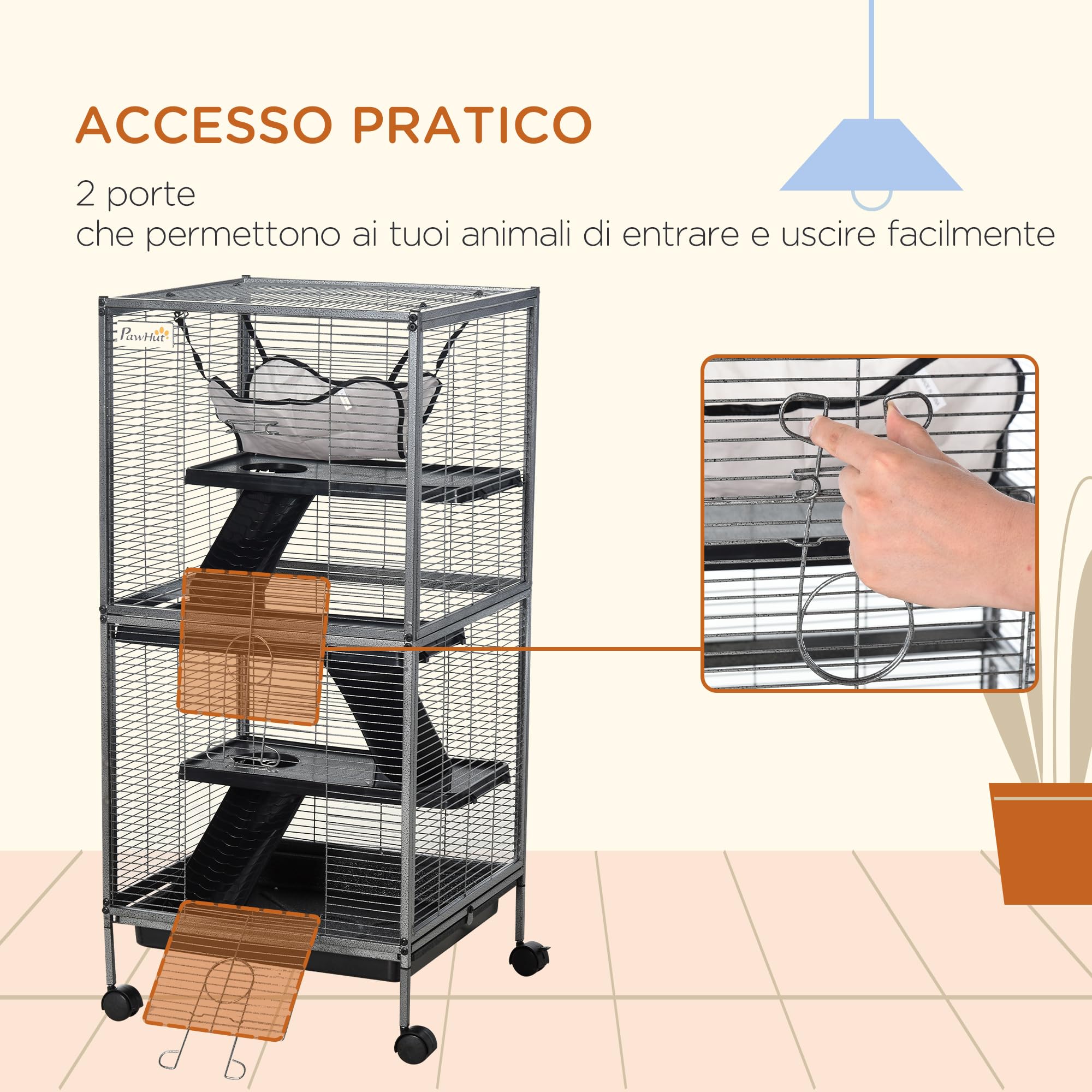 PawHut Gabbia per Piccoli Roditori in Acciaio, Gabbietta per Porcellini d'India e Cincillà con 3 Piani, 4 Ruote, Amaca e Vassoio Rimovibile, 52 x 52 x 113.5cm, Grigio Argento