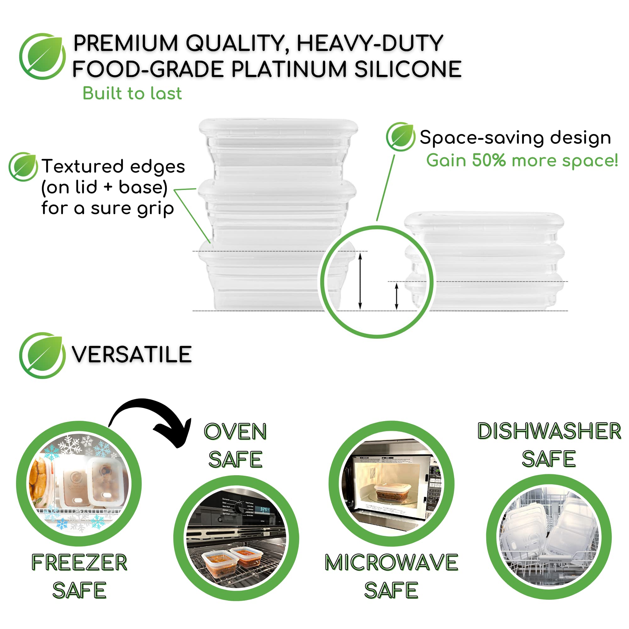 Recipientes plegables de silicona premium para almacenamiento de alimentos con tapas de silicona a prueba de fugas, platino transparente de grado alimenticio, sin BPA, certificado LFGB, compactos,