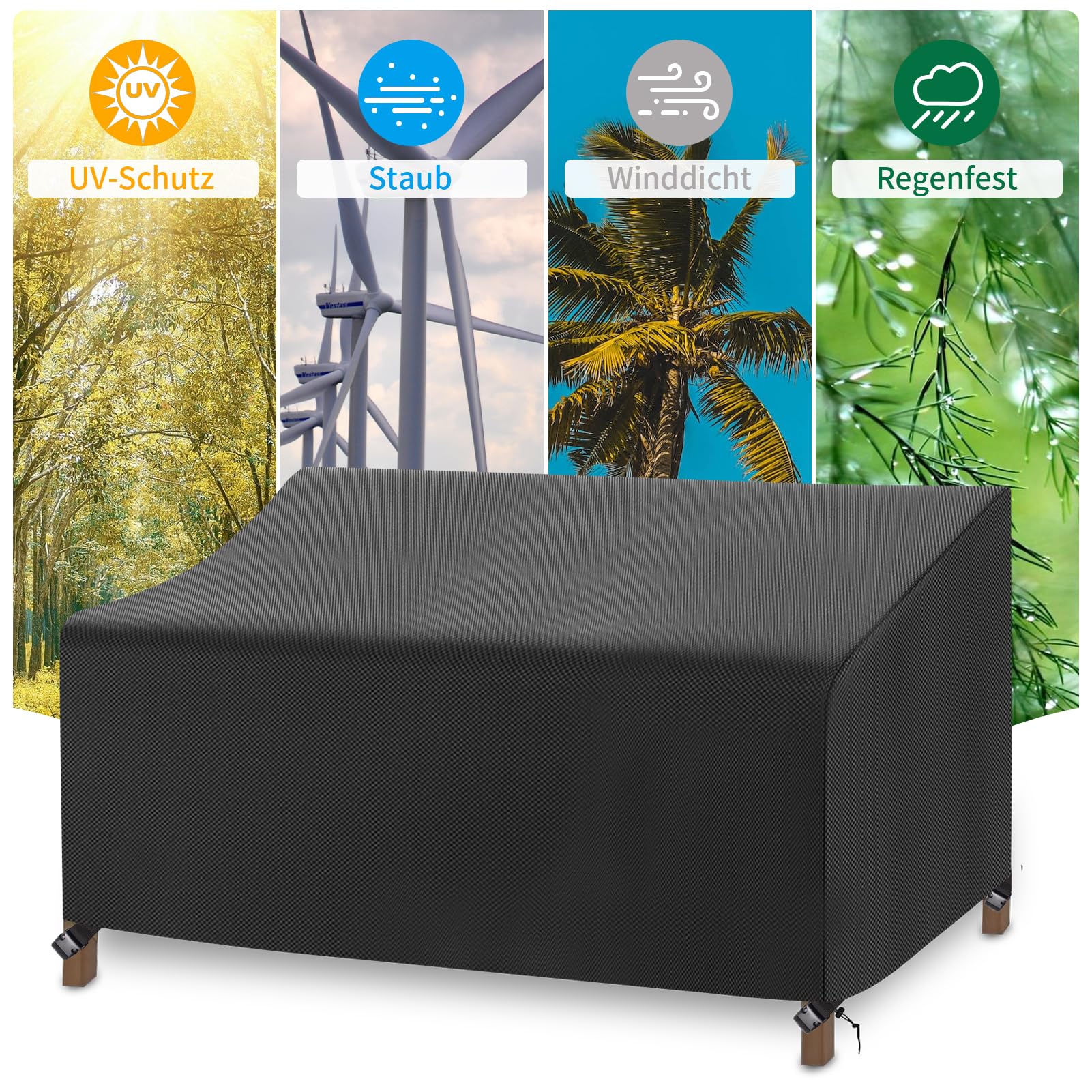 Gartensofa Abdeckung Wasserdicht, Outdoor Sofa Schutzhülle mit Kordelzug und 4 Schnappverschlussgurte, Gartensofa Abdeckplane Winddicht Anti-Uv, 420D Oxford-Stoff (236*102*61/89cm,Schwarz)